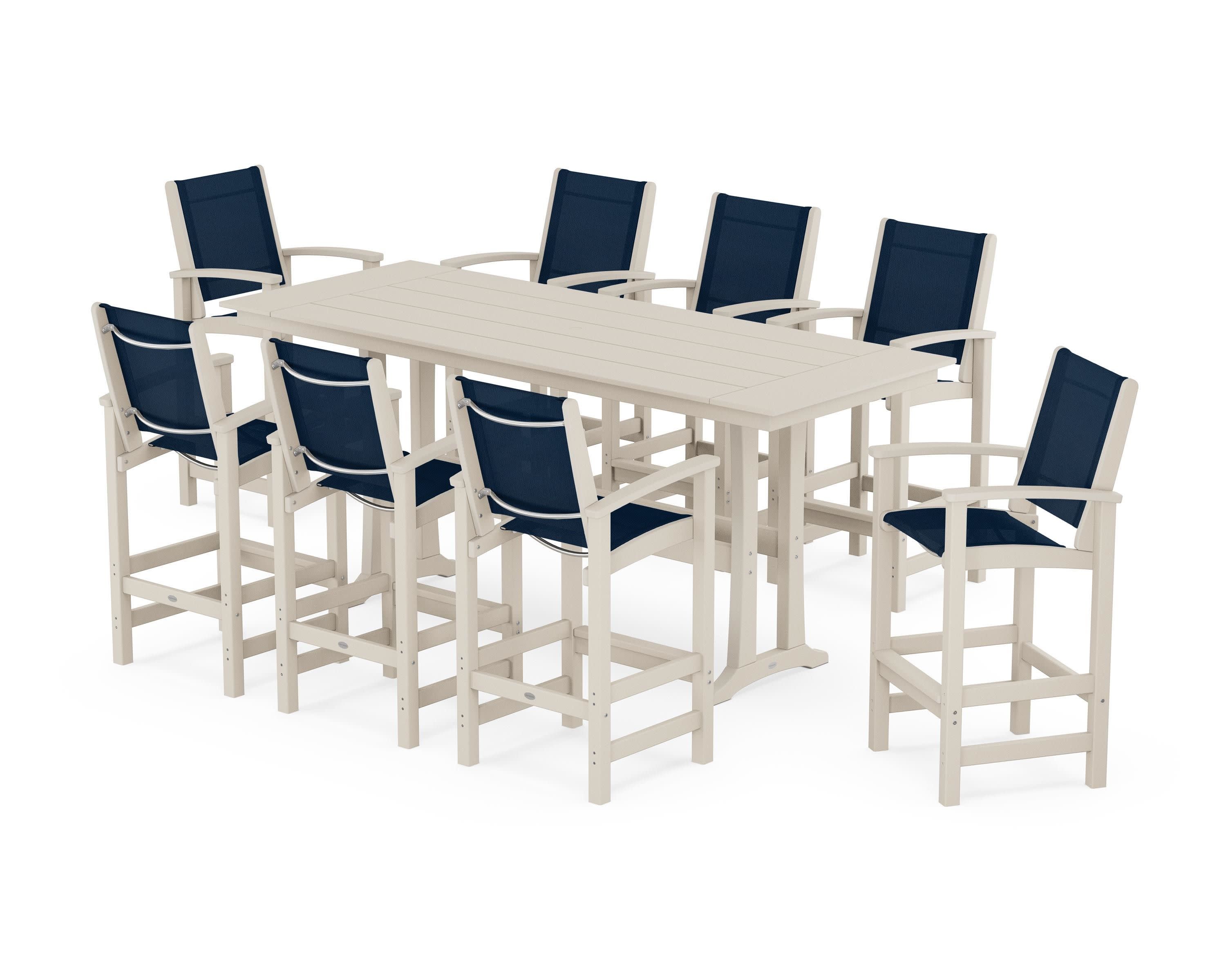 Coastal 9-Piece Farmhouse Bar Set with Trestle Legs in Sand / Navy Blue Sling
