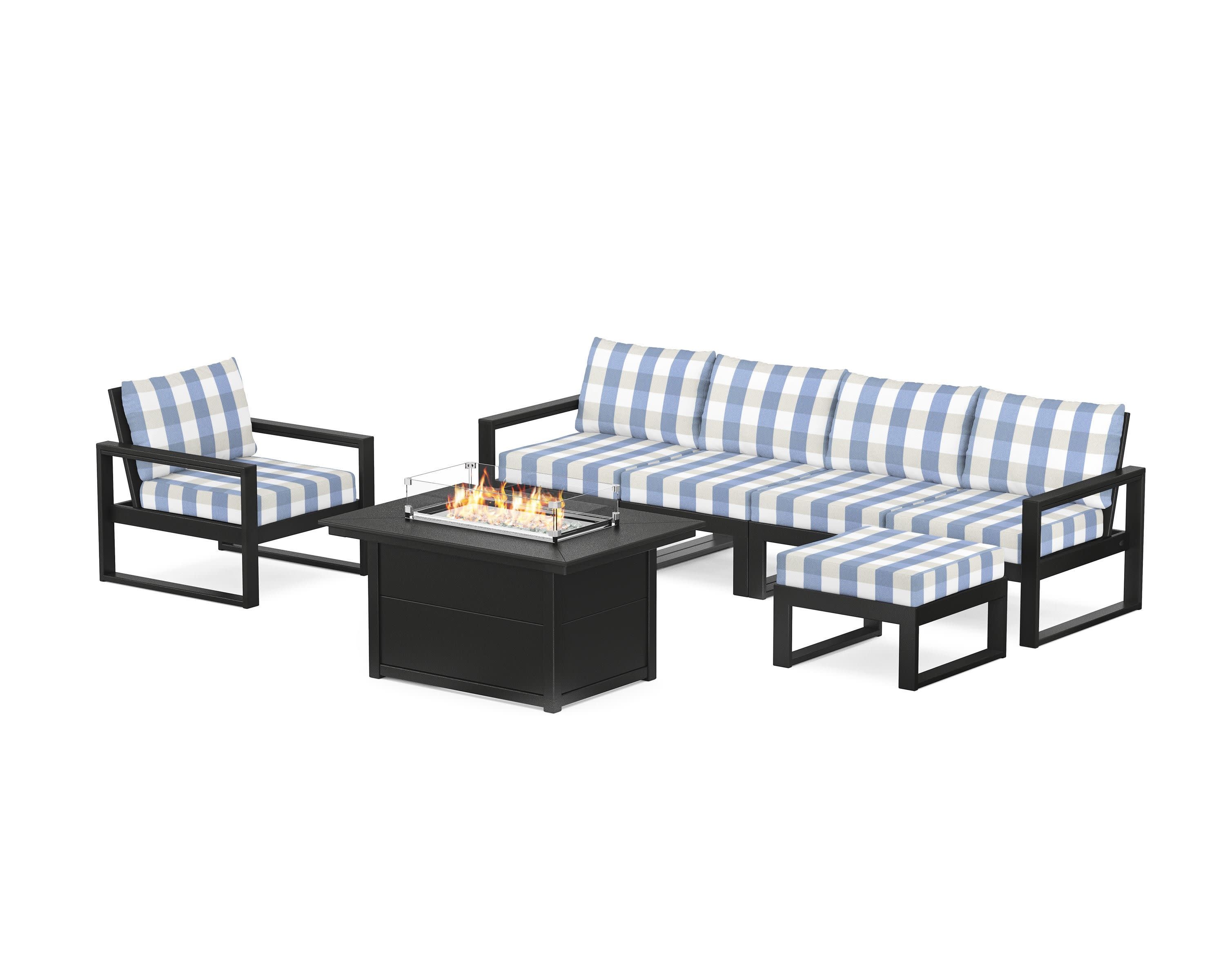 EDGE Sectional Lounge and Fire Pit Set in Black / Buffalo Plaid Sky Blue
