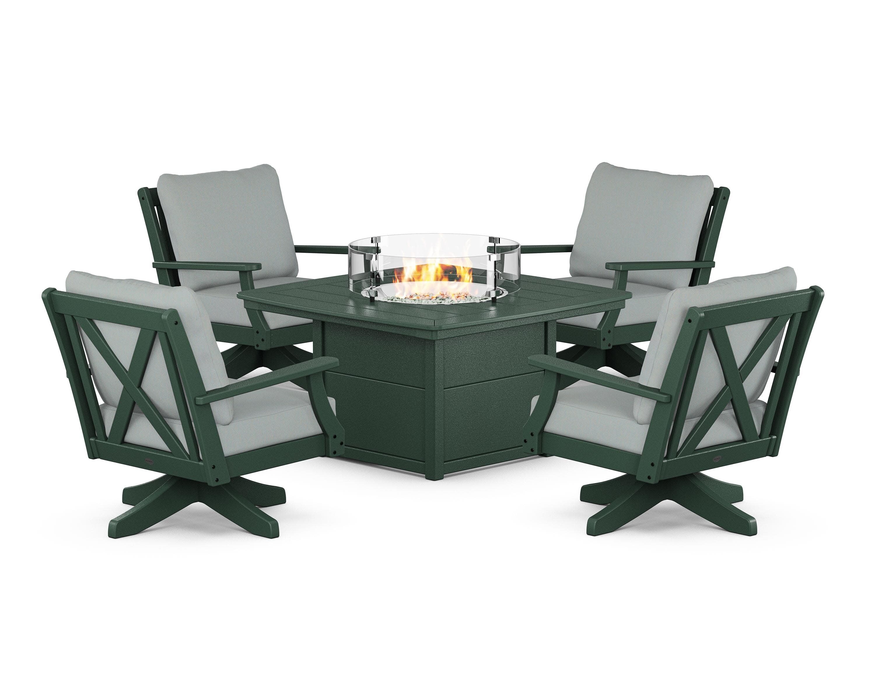 Braxton 5-Piece Deep Seating Swivel Conversation Set with Fire Pit Table in Green / Spa