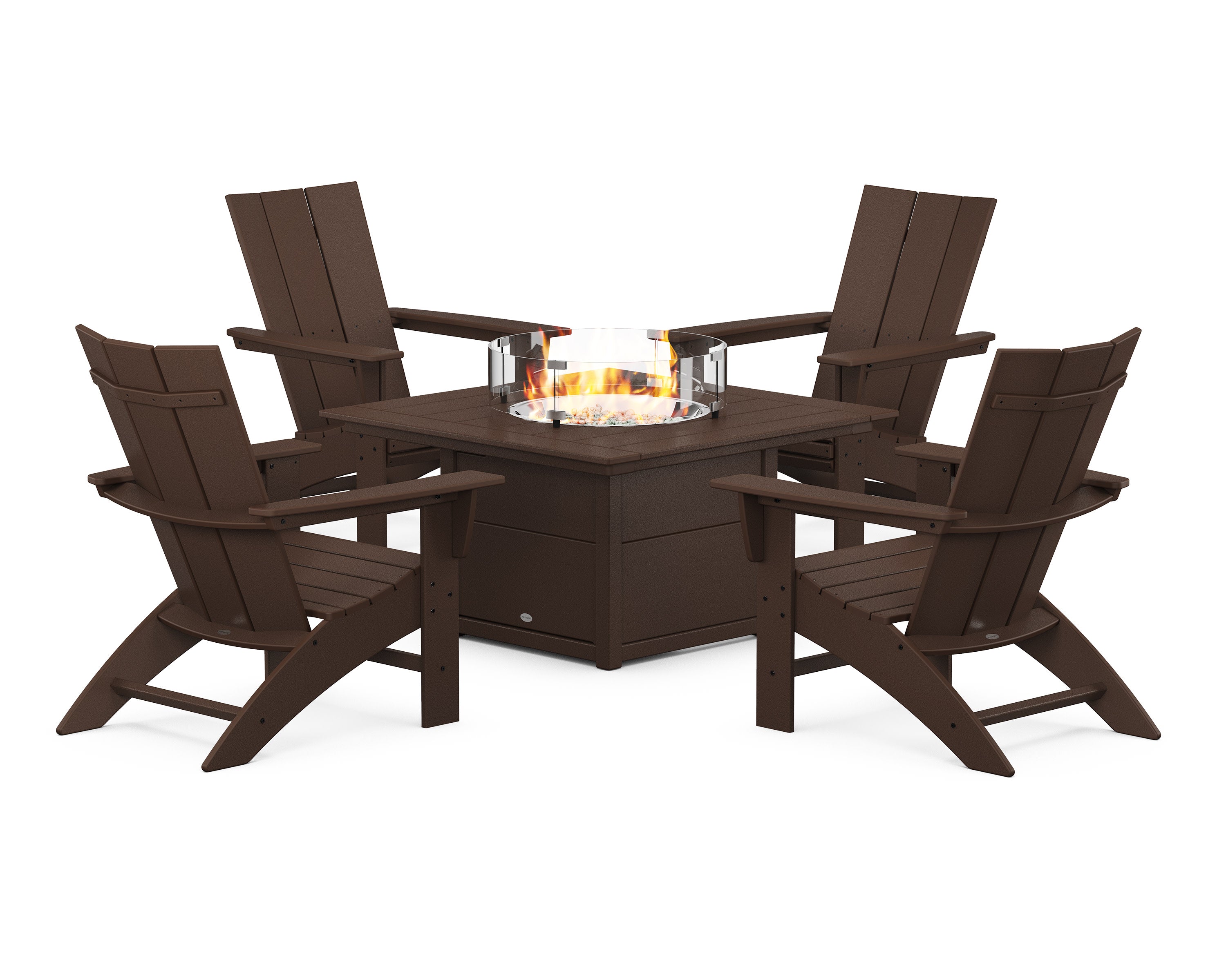 Modern Curveback Adirondack 5-Piece Conversation Set with Fire Pit Table in Mahogany