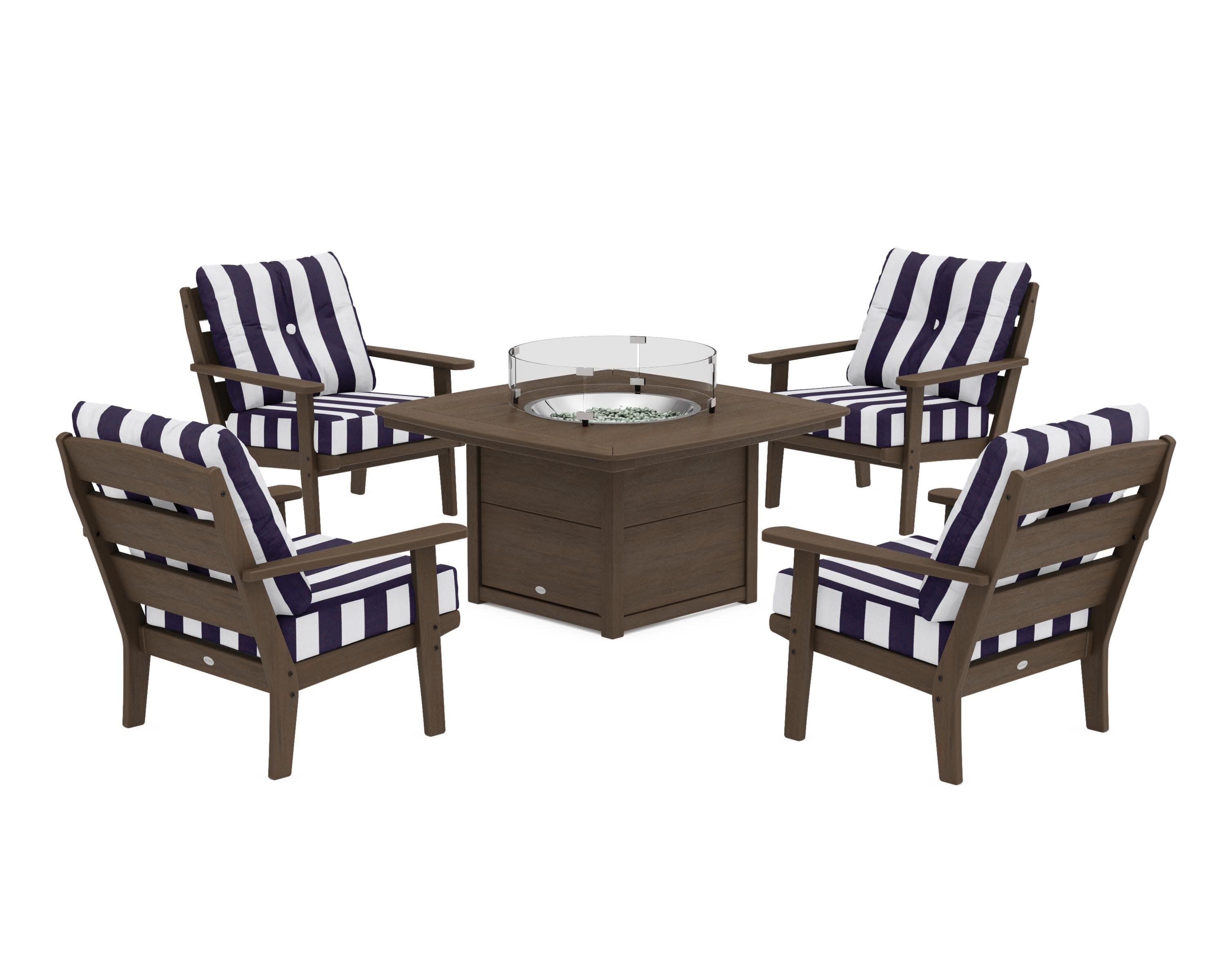 Lakeside 5-Piece Deep Seating Set with Nautical Fire Pit Table in Kona / Cabana Stripe Navy