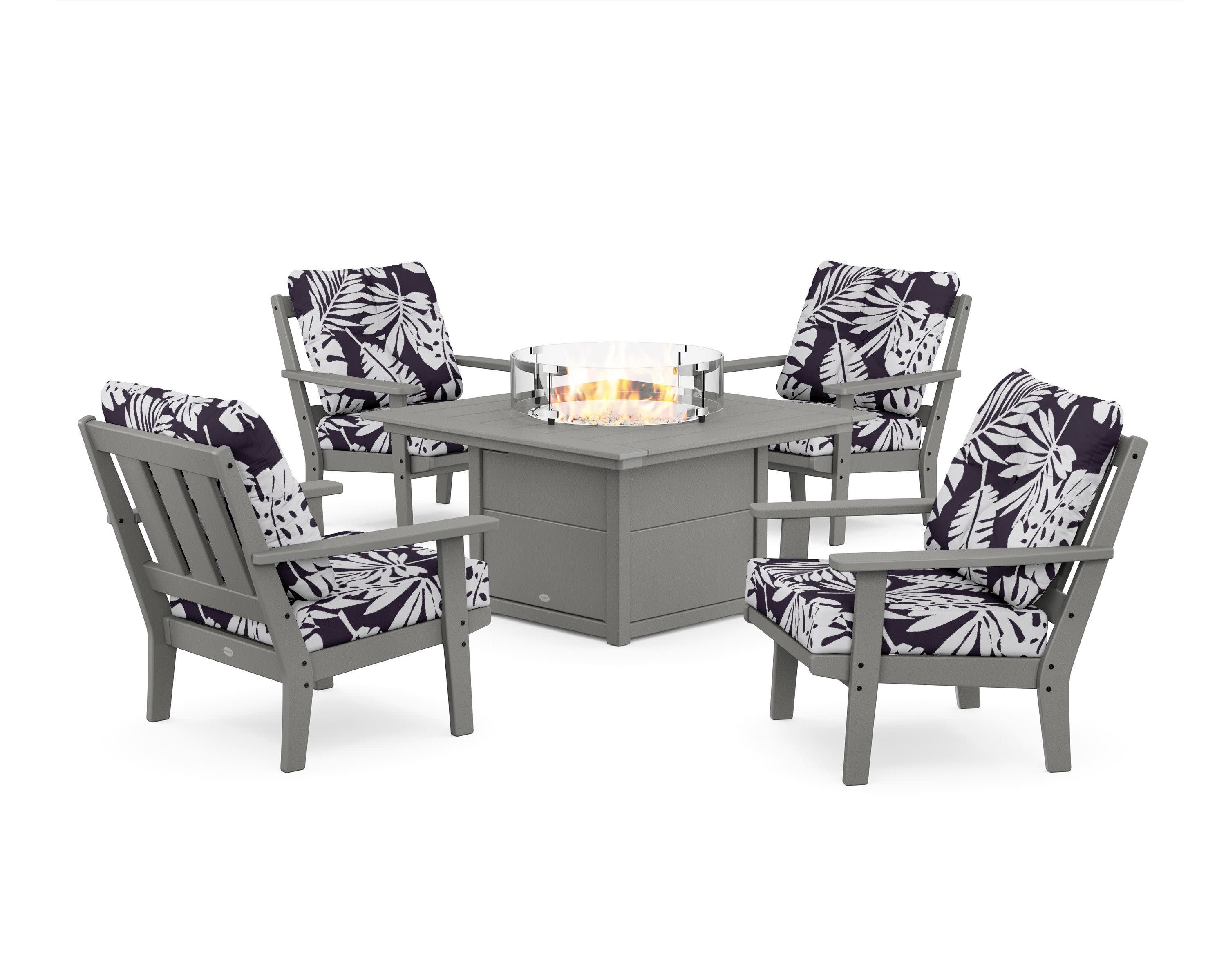 Oxford 5-Piece Deep Seating Set with Fire Pit Table in Slate Grey / Leaf Navy