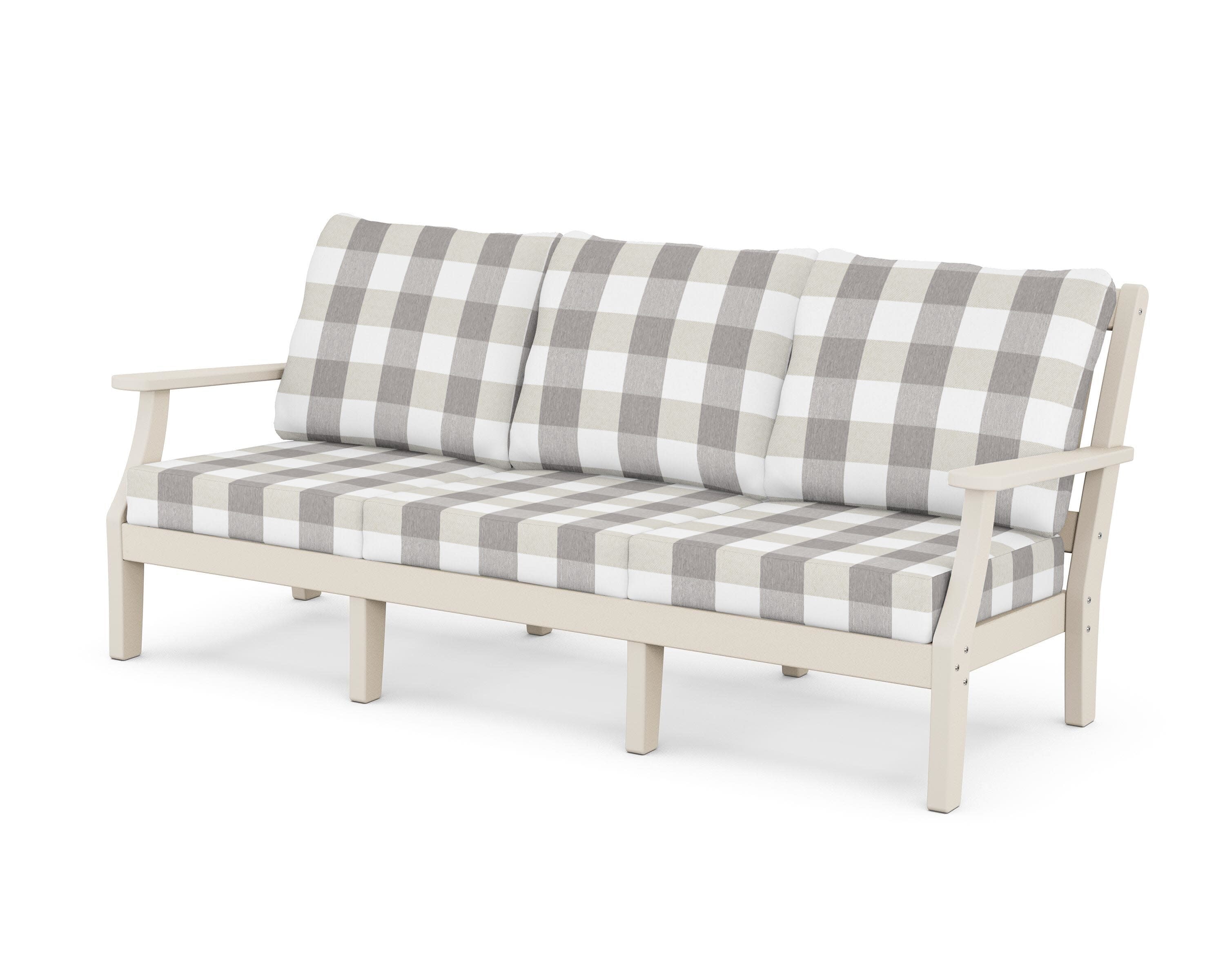 Chinoiserie Deep Seating Sofa in Sand / Buffalo Plaid Grey Mist