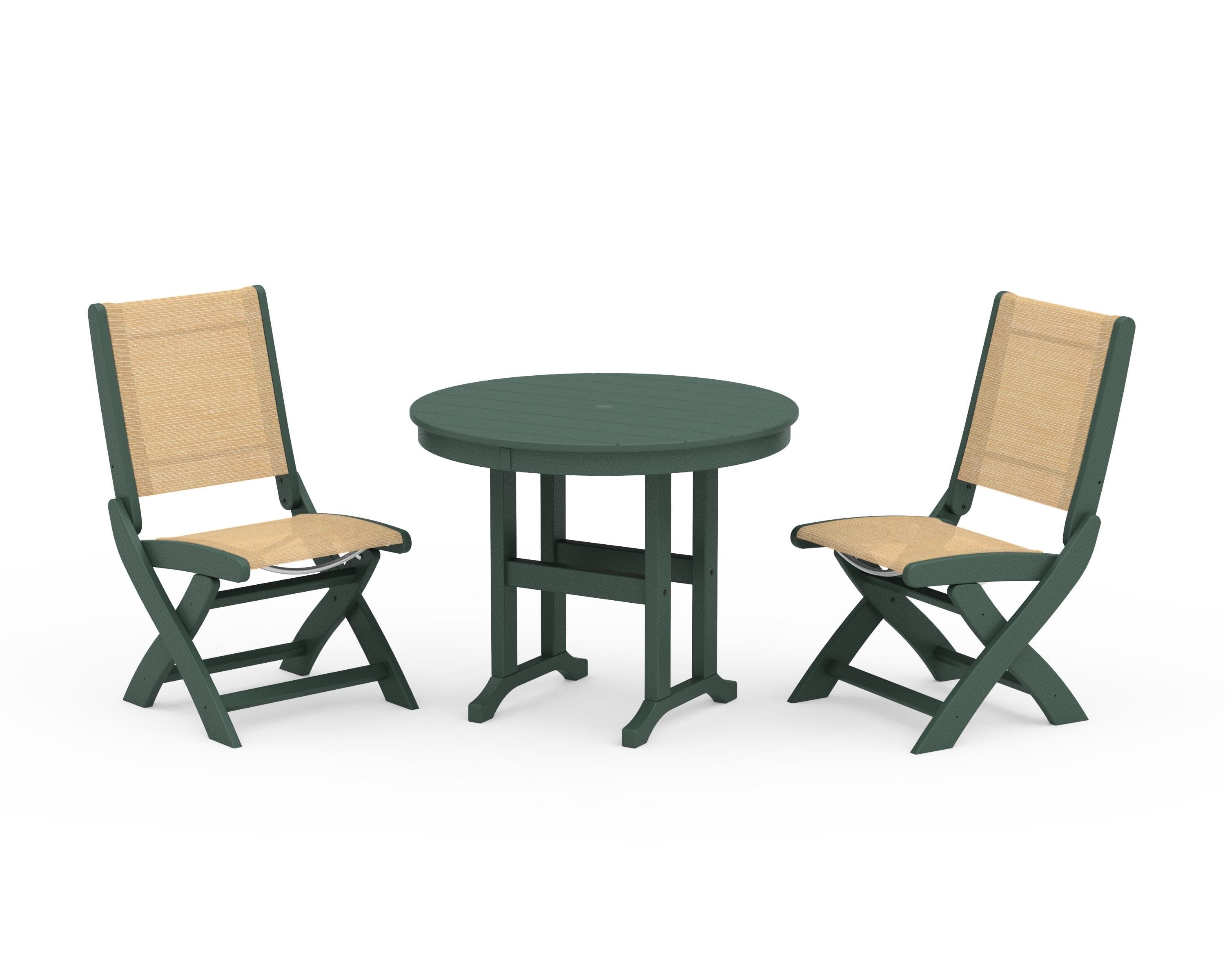 Coastal Folding Side Chair 3-Piece Round Dining Set in Green / Dupioni Apricot Sling