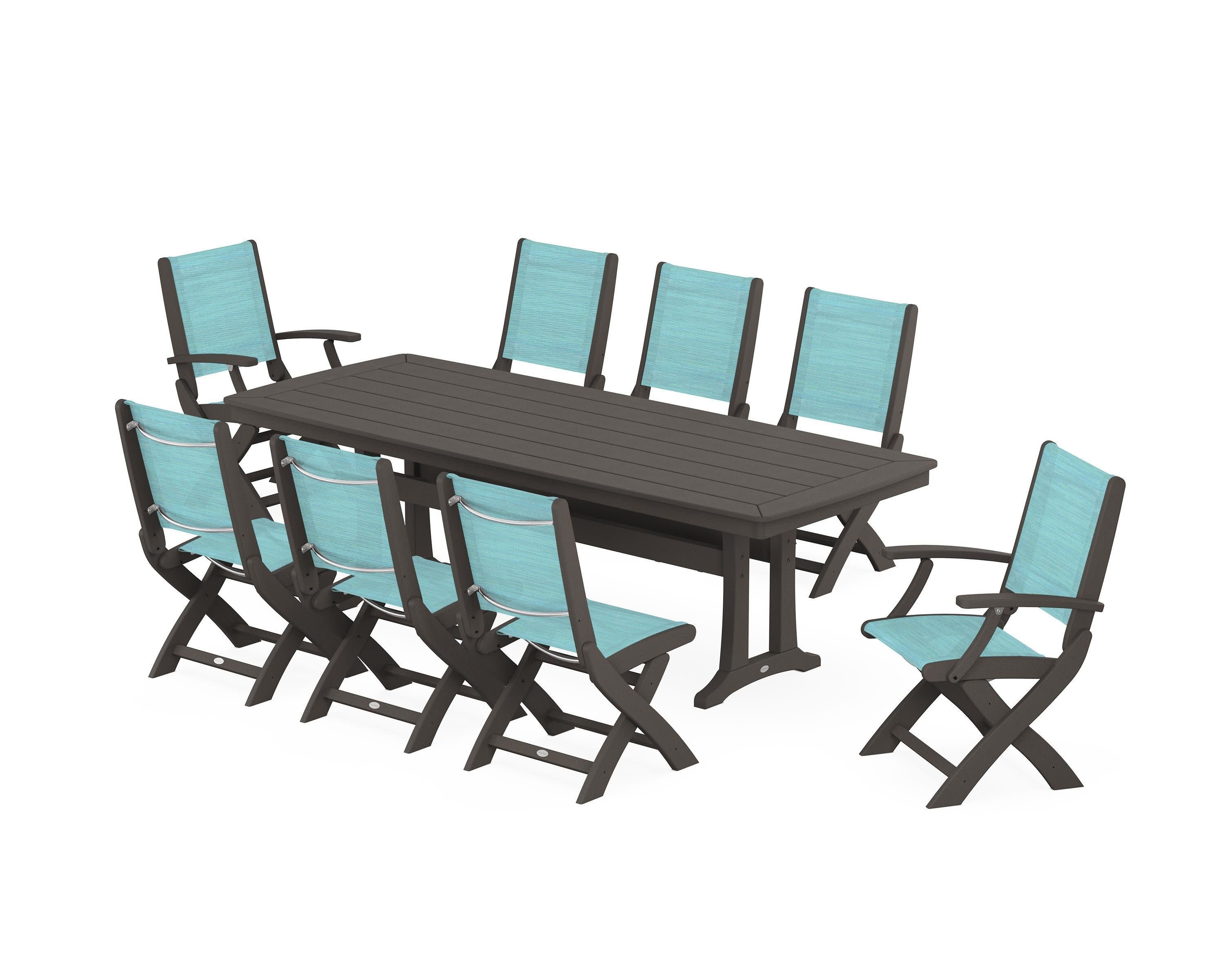 Coastal Folding 9-Piece Dining Set with Trestle Legs in Vintage Coffee / Dupioni Aquamarine Sling
