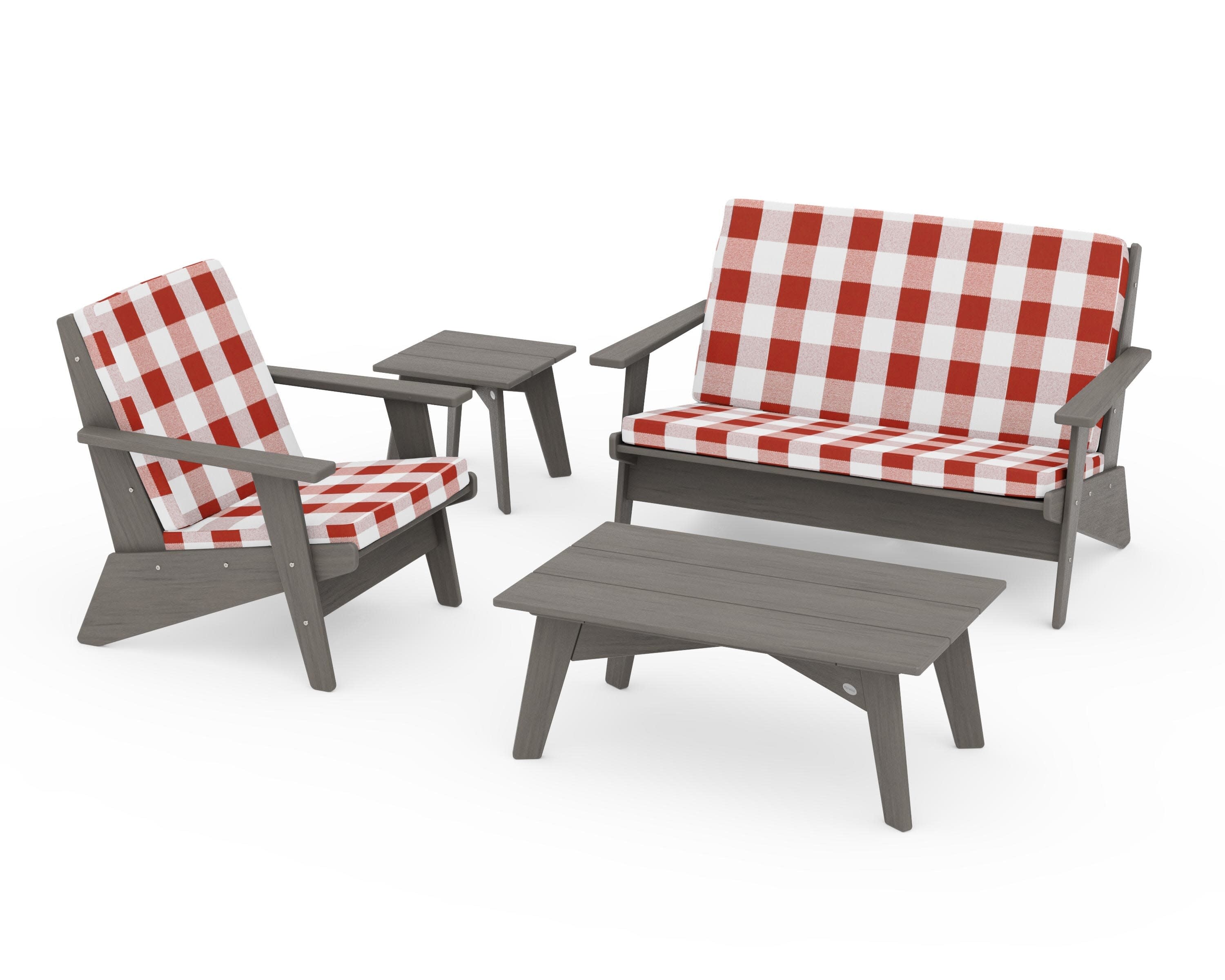 Riviera Modern Lounge 4-Piece Set in Driftwood / Buffalo Plaid Crimson