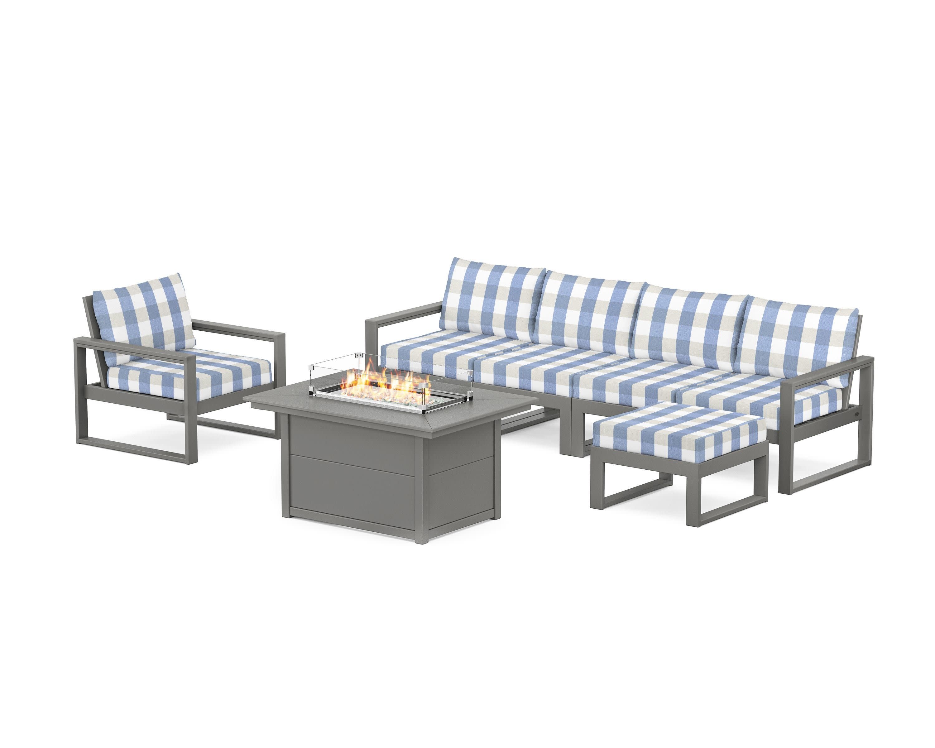 EDGE Sectional Lounge and Fire Pit Set in Slate Grey / Buffalo Plaid Sky Blue