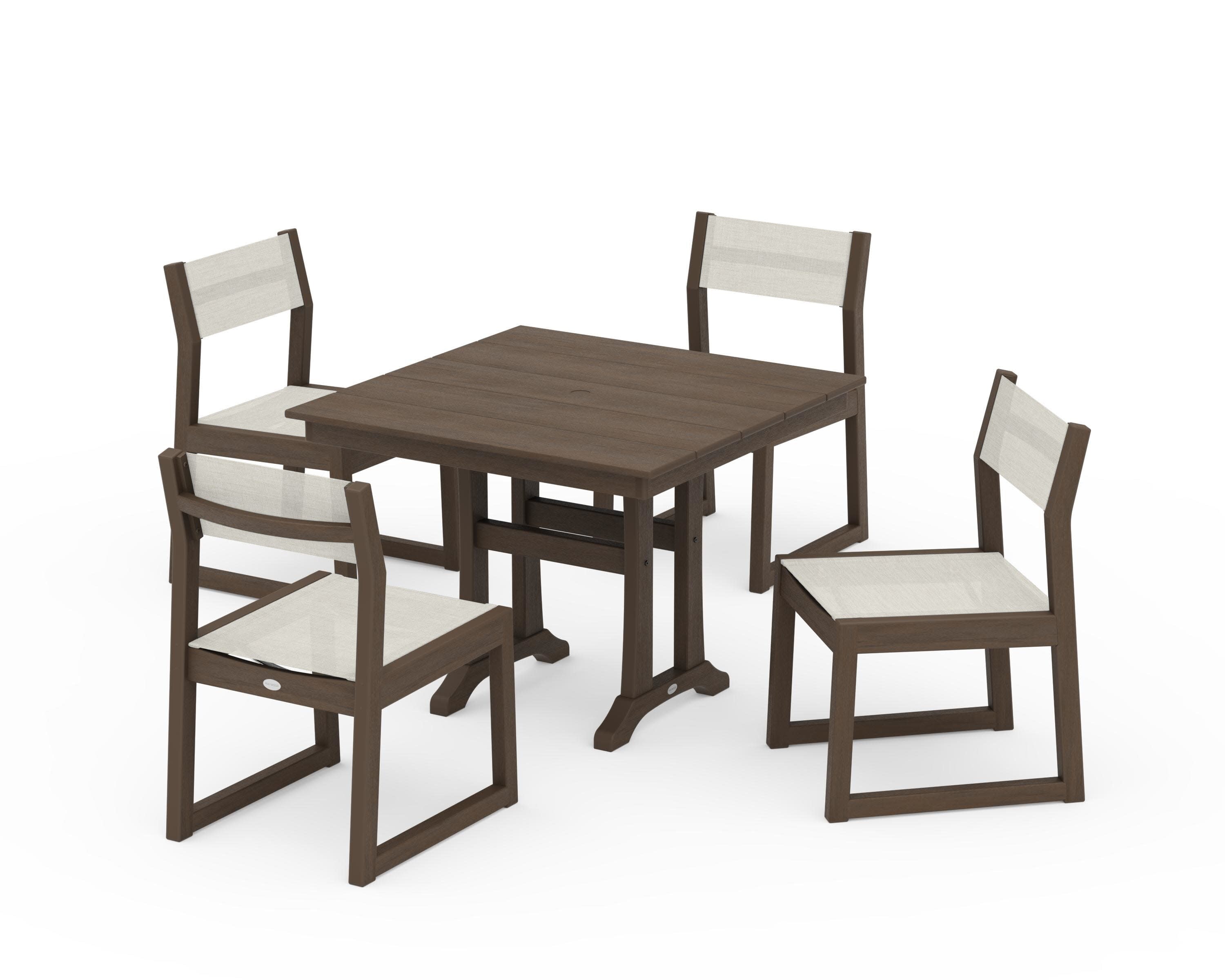 EDGE Sling 5-Piece Farmhouse Trestle Side Chair Dining Set in Kona / Parchment Sling