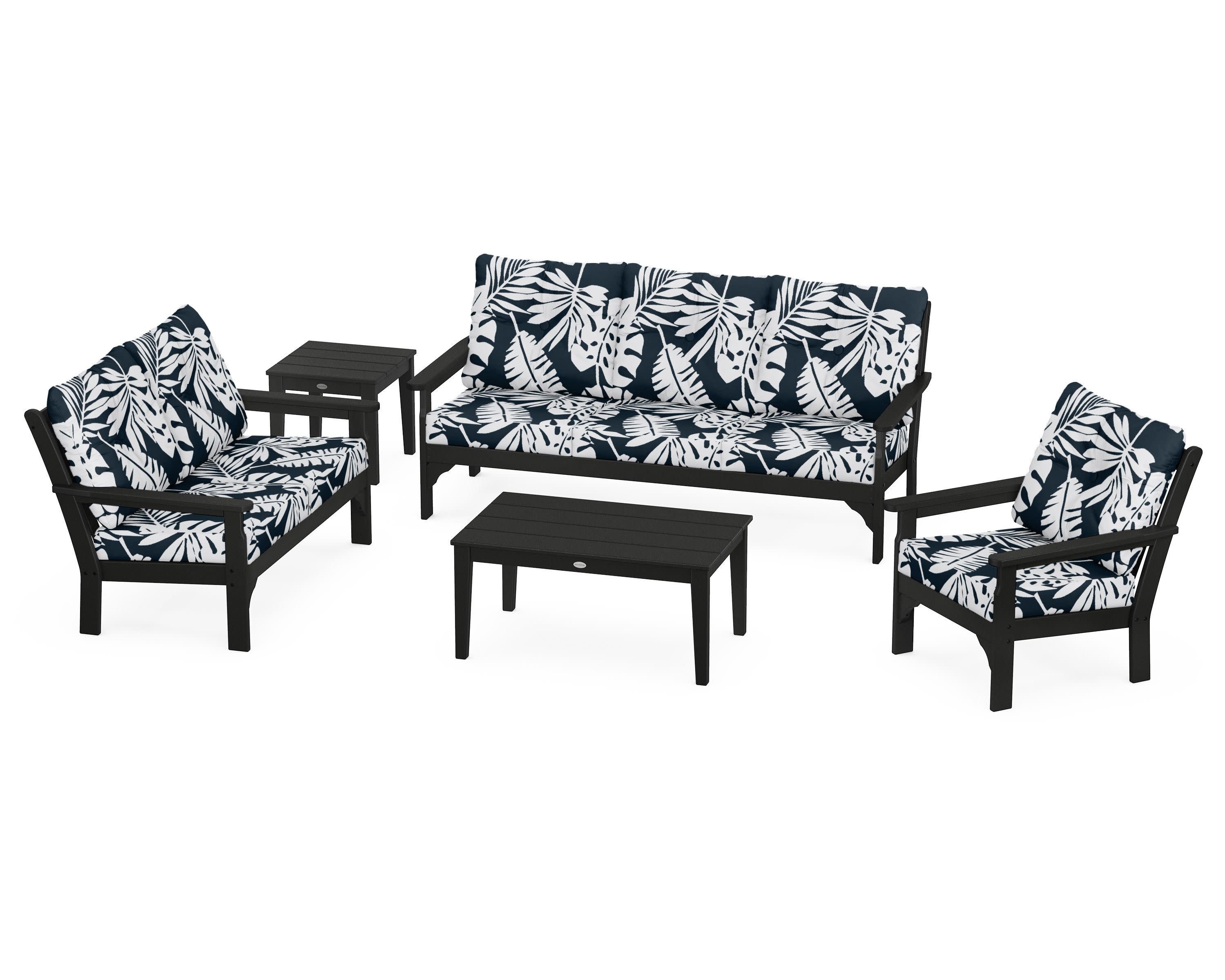 Vineyard 5 Piece Deep Seating Set in Black / Leaf Marine Indigo
