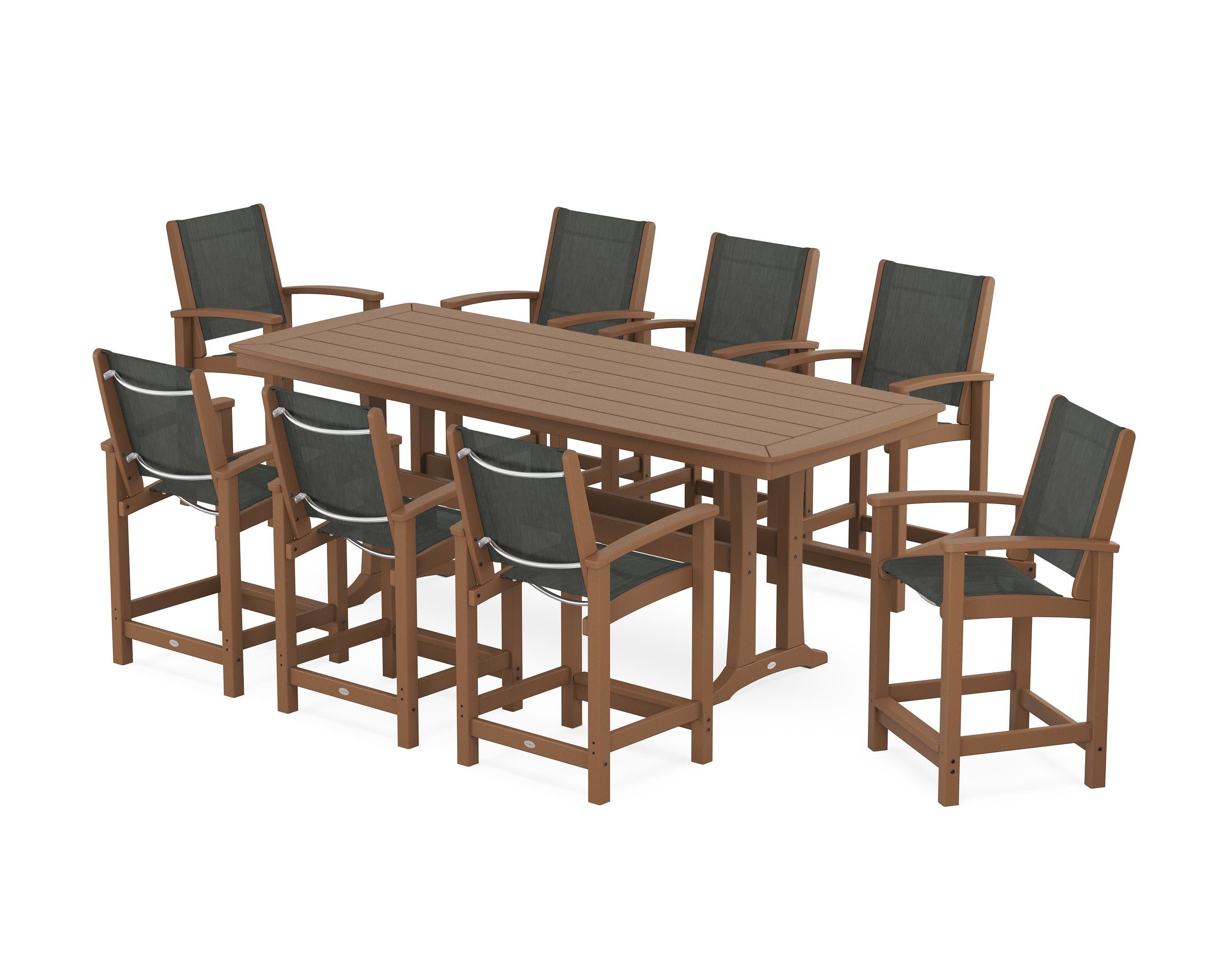 Coastal 9-Piece Counter Set with Trestle Legs in Teak / Ember Sling