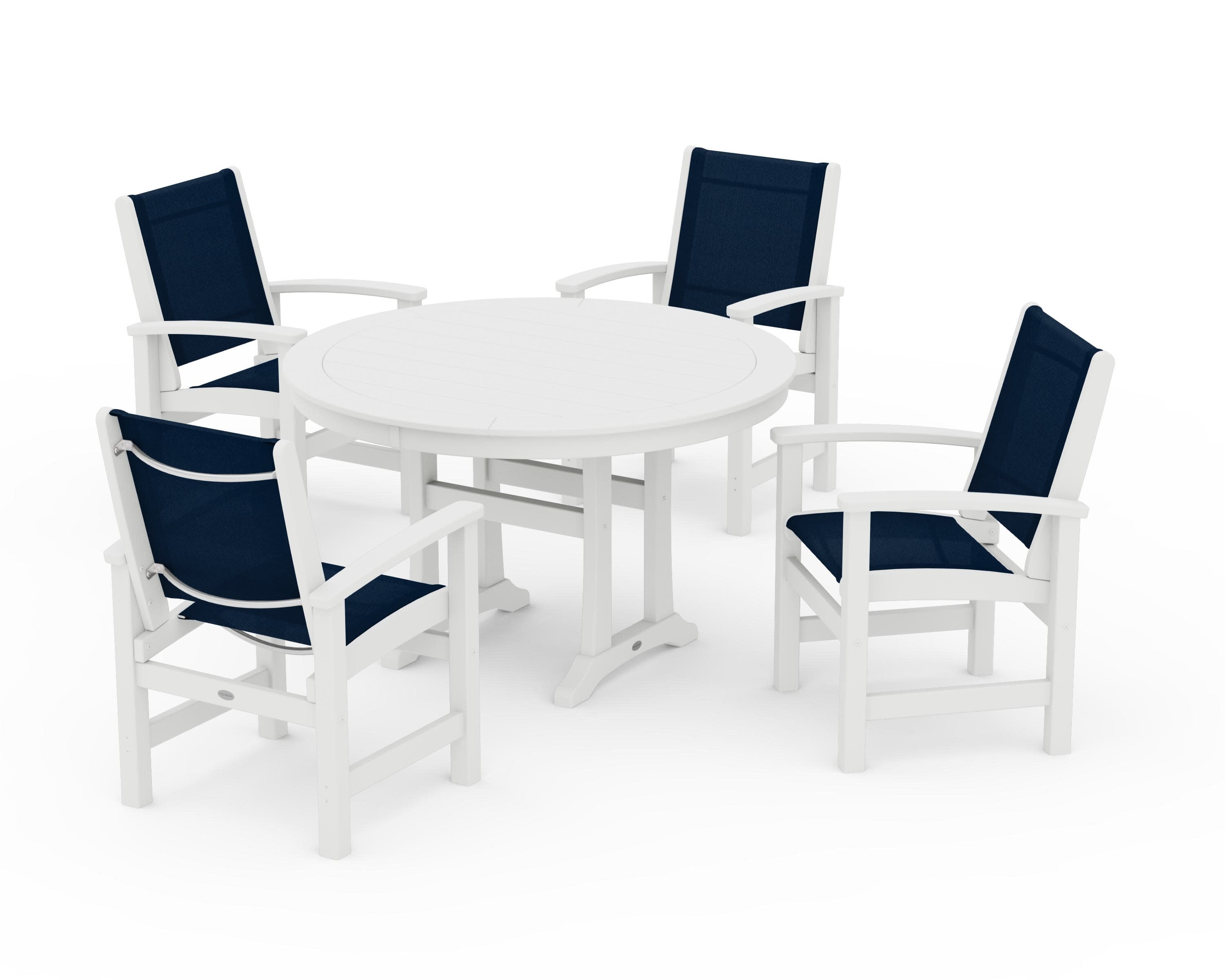 Coastal 5-Piece Round Dining Set with Trestle Legs in White / Navy Blue Sling