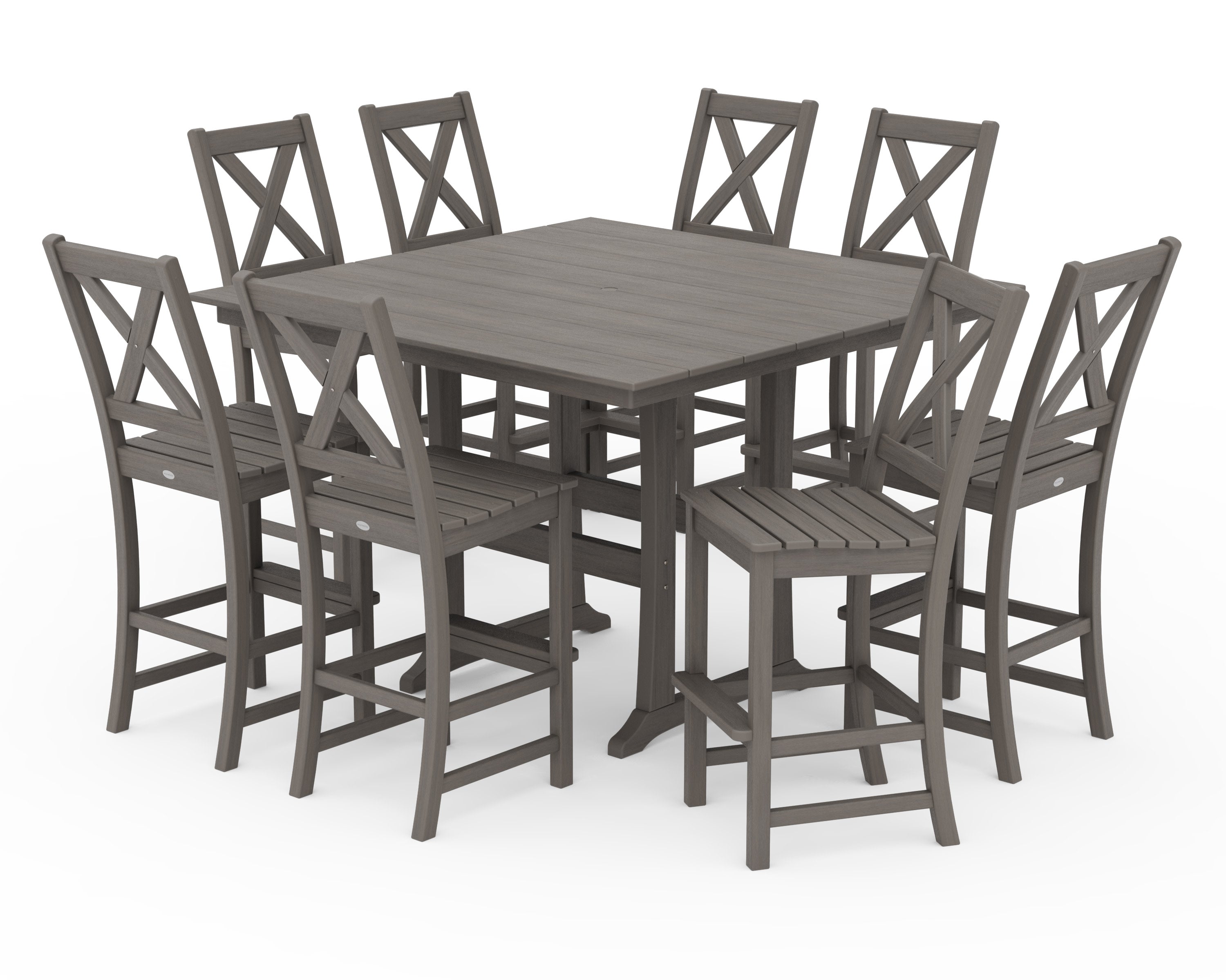 Braxton 9-Piece Farmhouse Trestle Bar Set in Driftwood