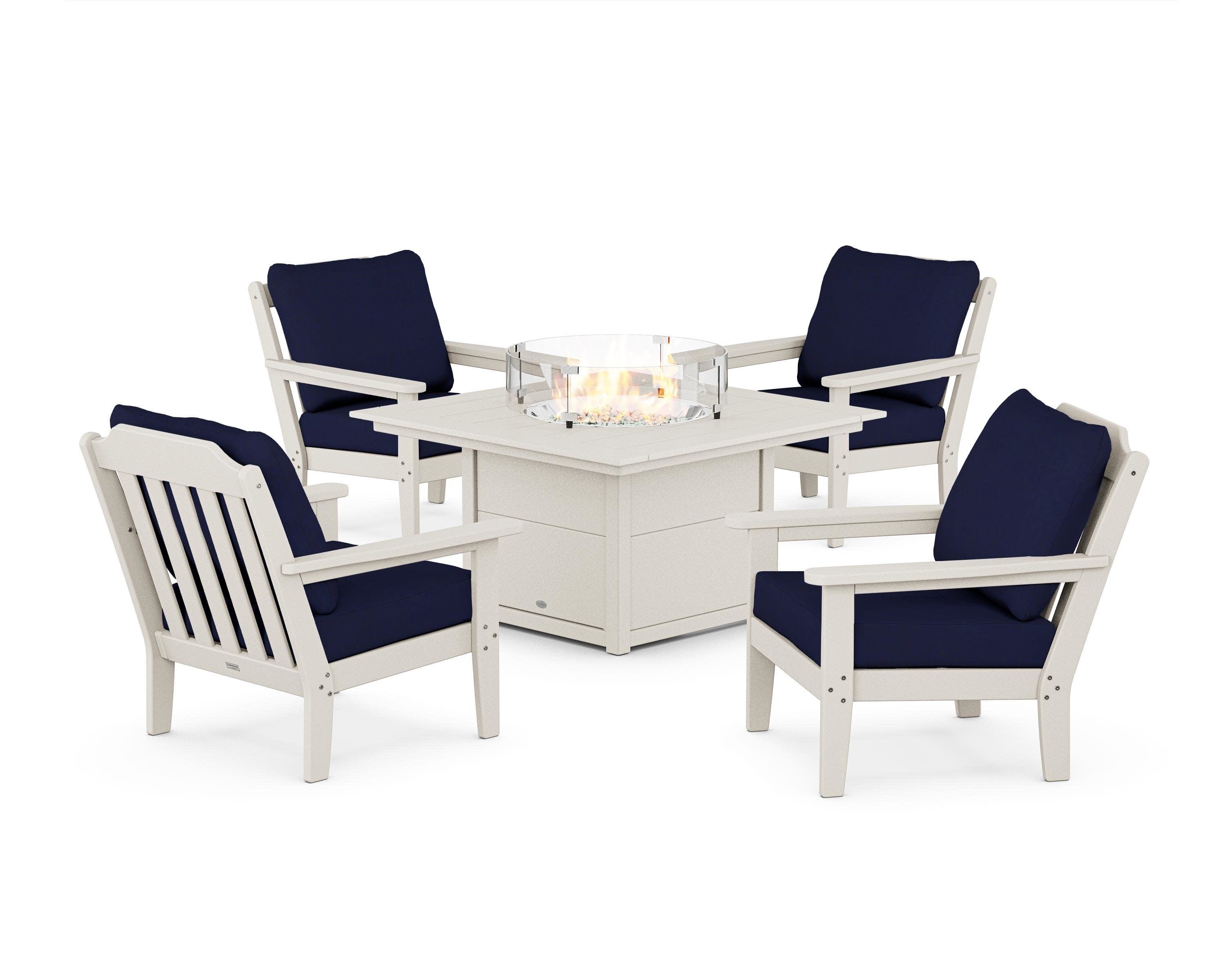 Cottage 5-Piece Deep Seating Set with Fire Pit Table in Sand / Navy