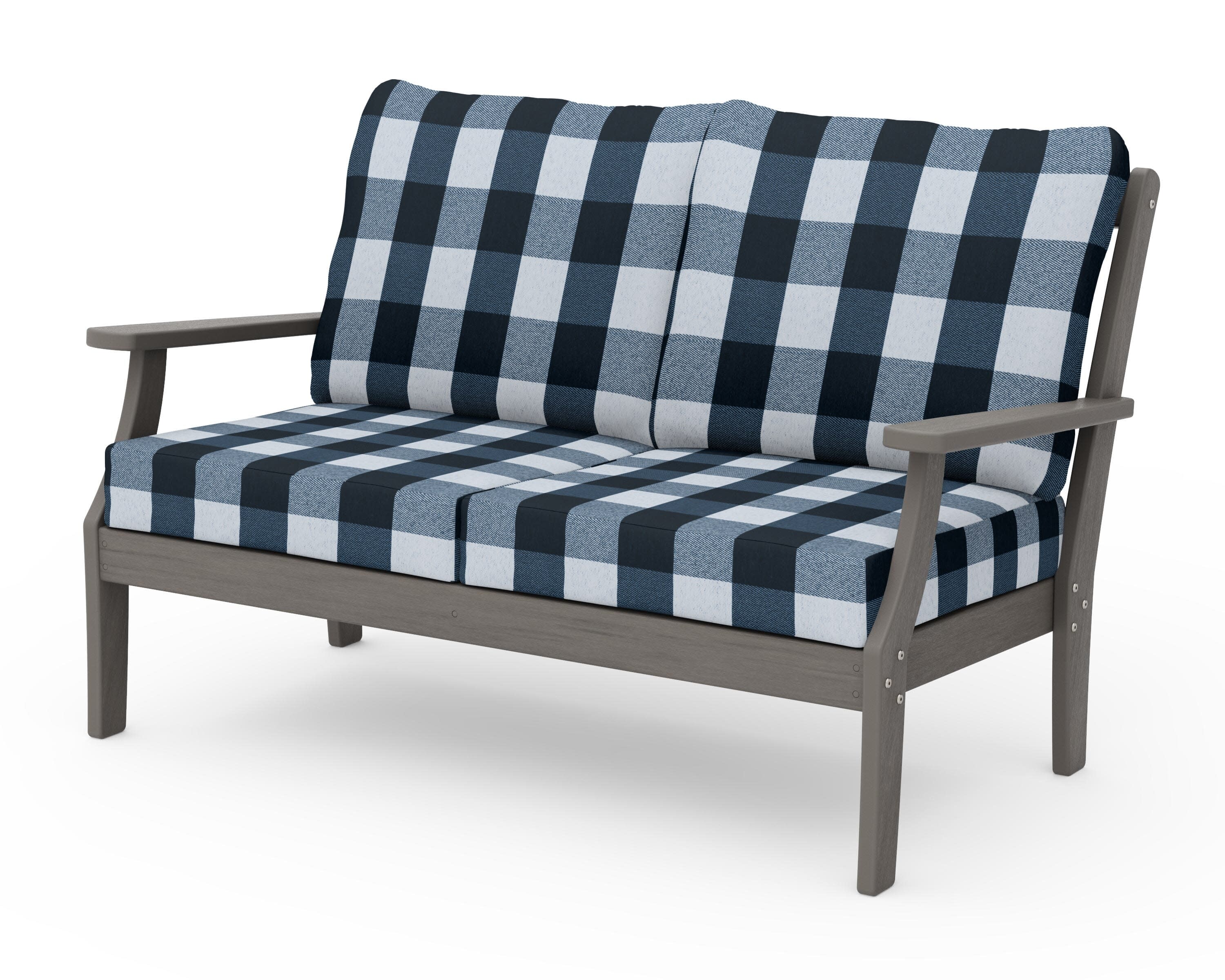 Braxton Deep Seating Loveseat in Driftwood / Buffalo Plaid Marine Indigo