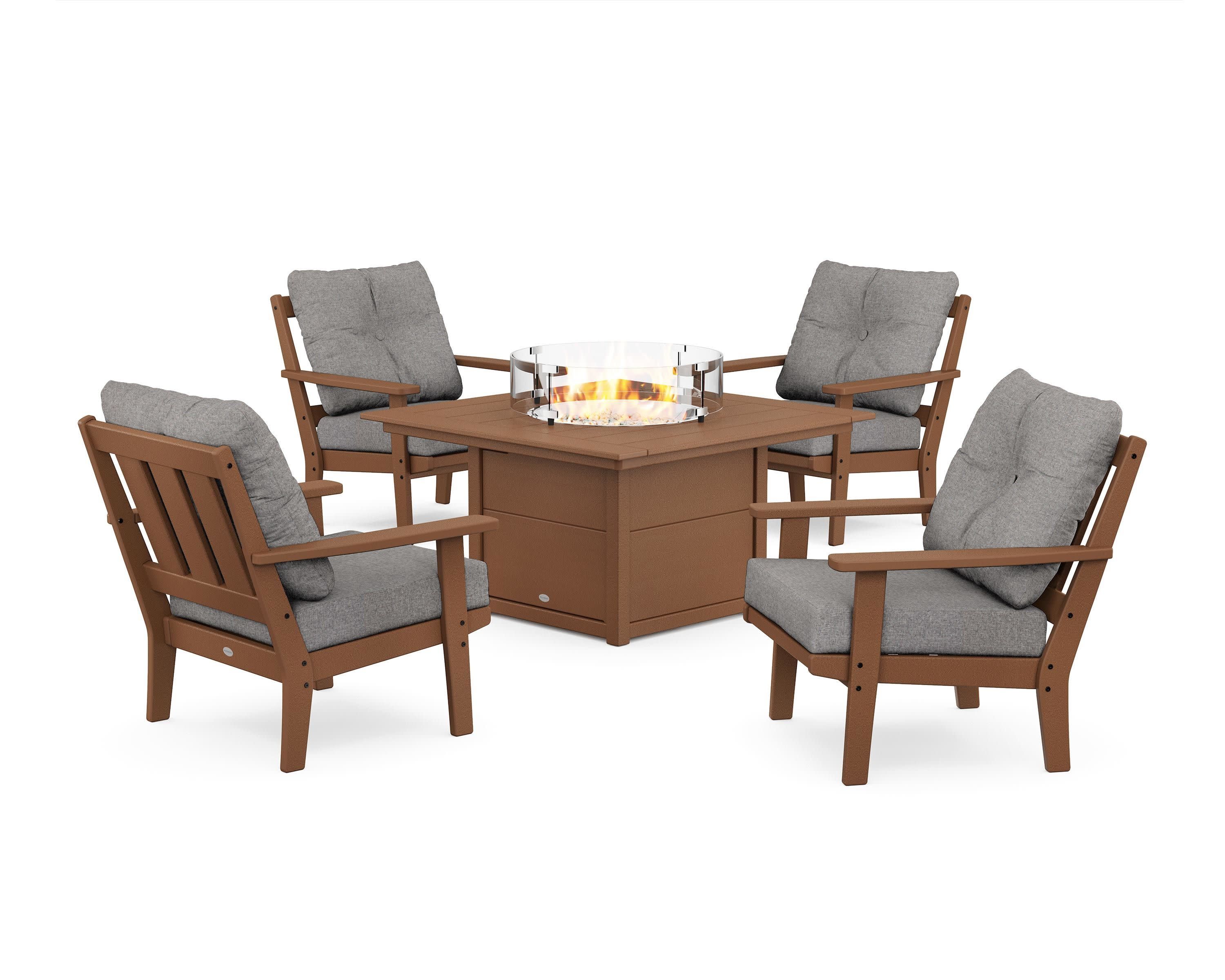 Oxford 5-Piece Deep Seating Set with Fire Pit Table in Teak / Grey Mist
