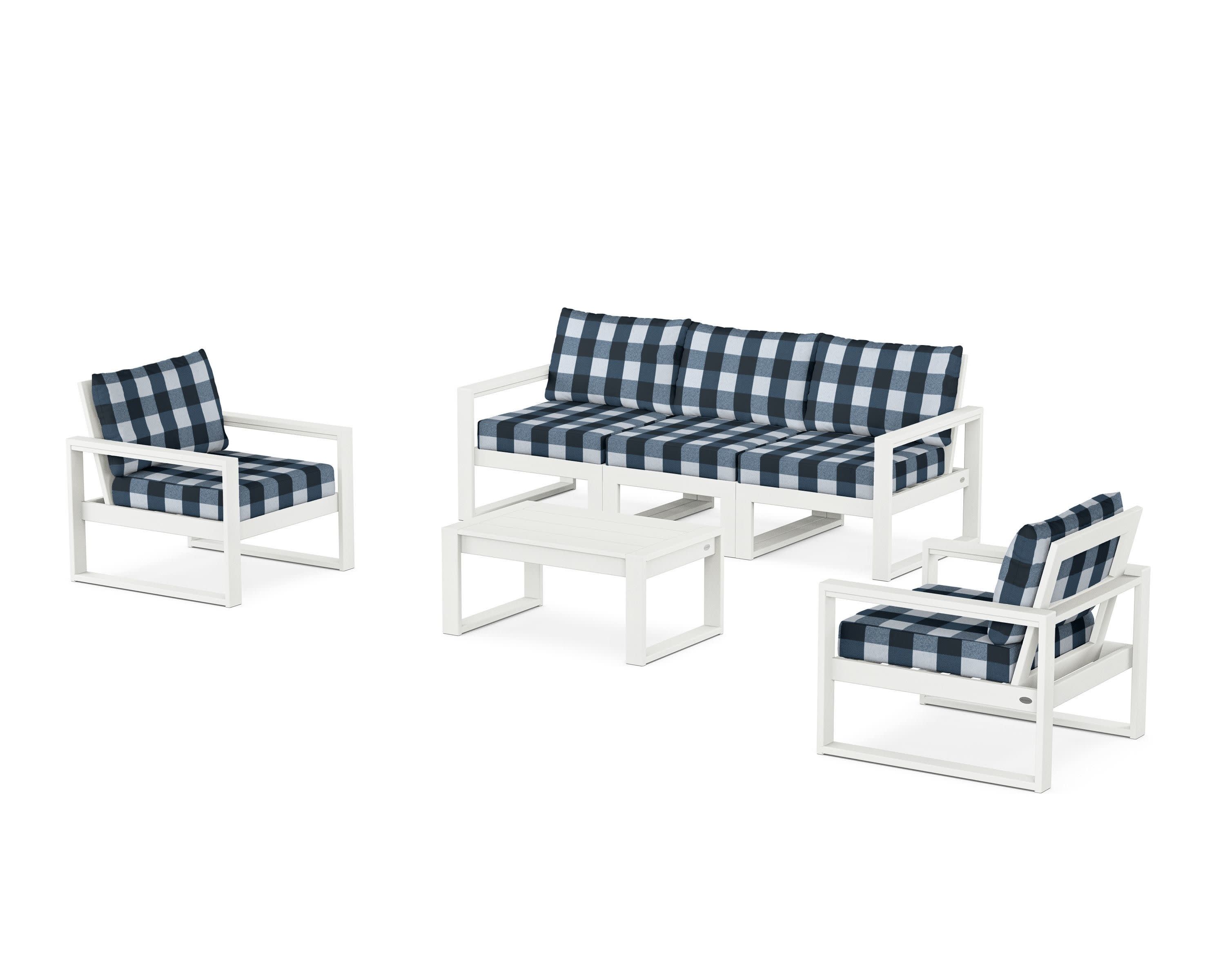 EDGE Sectional 4-Piece Deep Seating Set with Sofa in Vintage White / Buffalo Plaid Marine Indigo