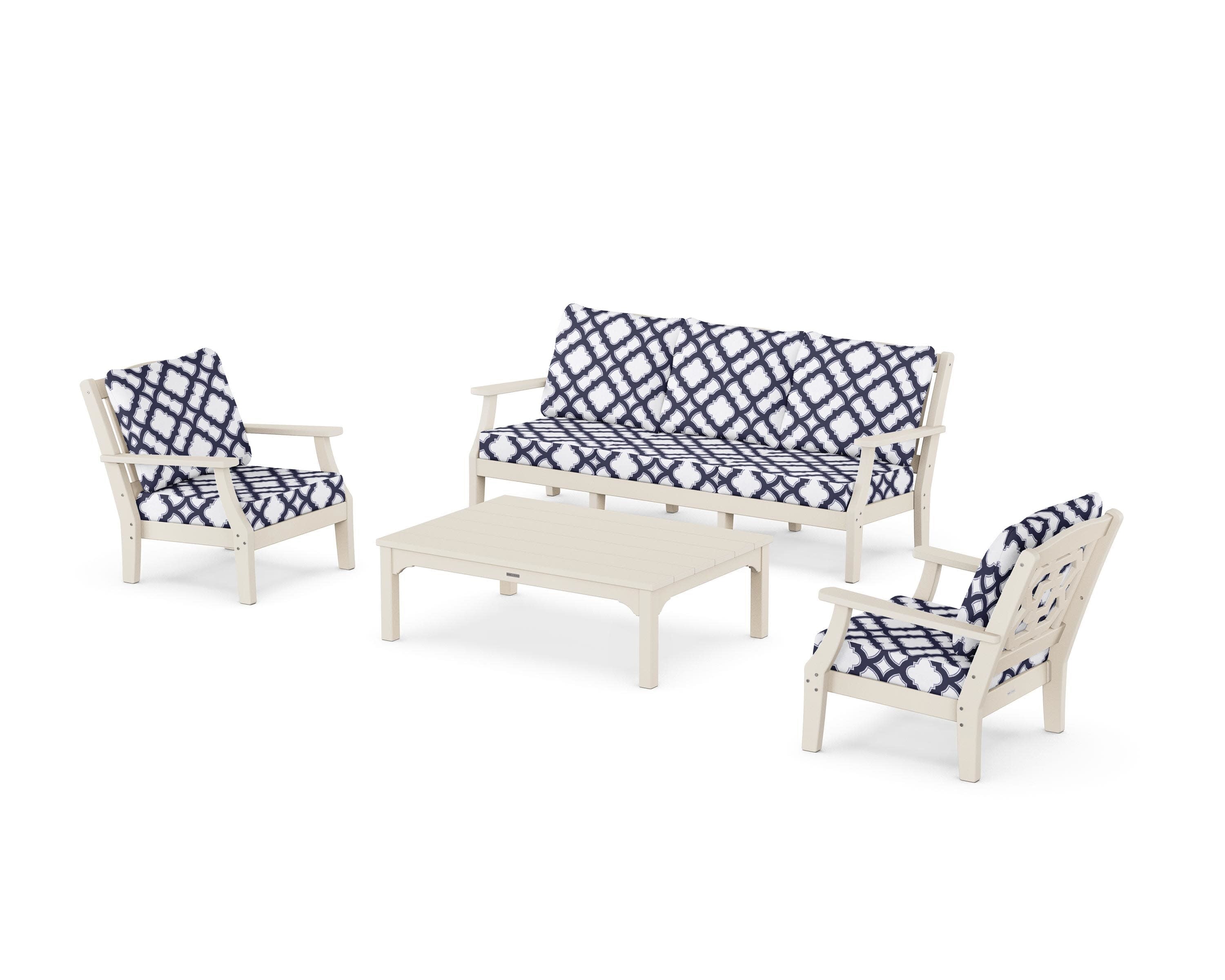 Chinoiserie 4-Piece Deep Seating Set with Sofa in Sand / Trellis Navy