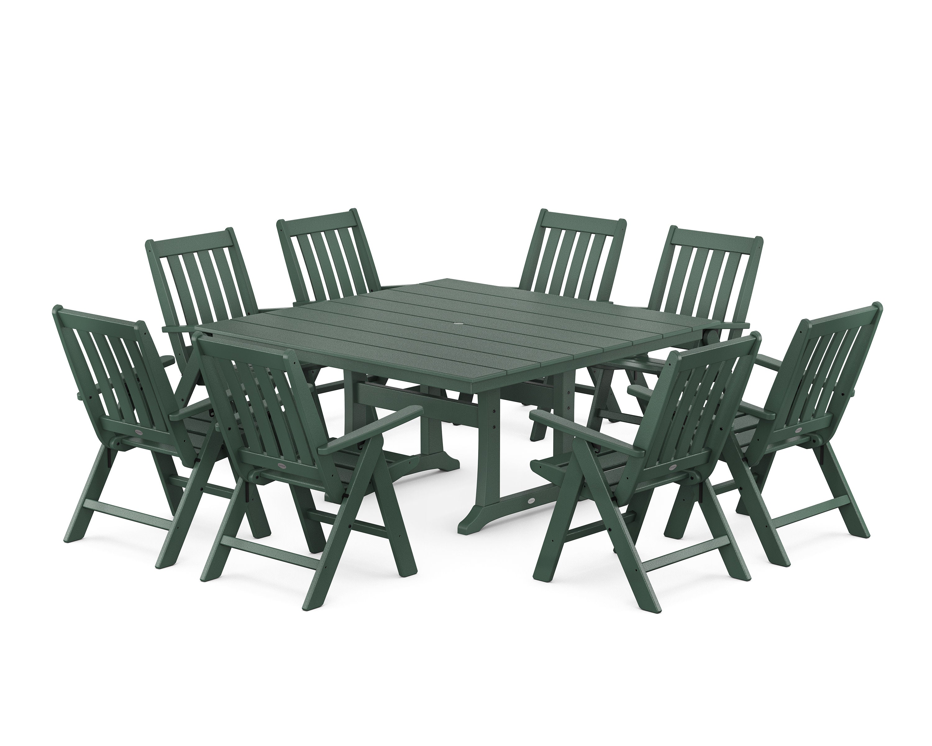 Vineyard Folding Chair 9-Piece Square Farmhouse Dining Set with Trestle Legs in Green