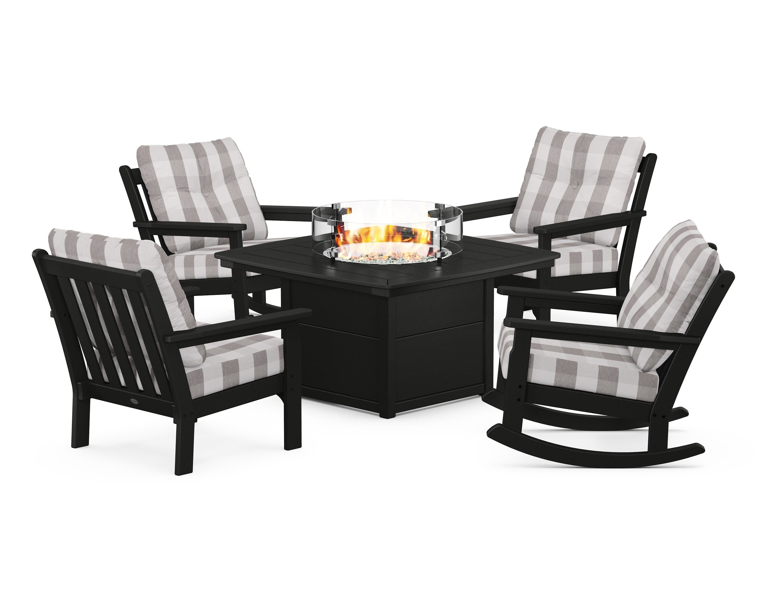 Vineyard 5-Piece Deep Seating Rocking Chair Conversation Set with Fire Pit Table in Black / Buffalo Plaid Grey Mist