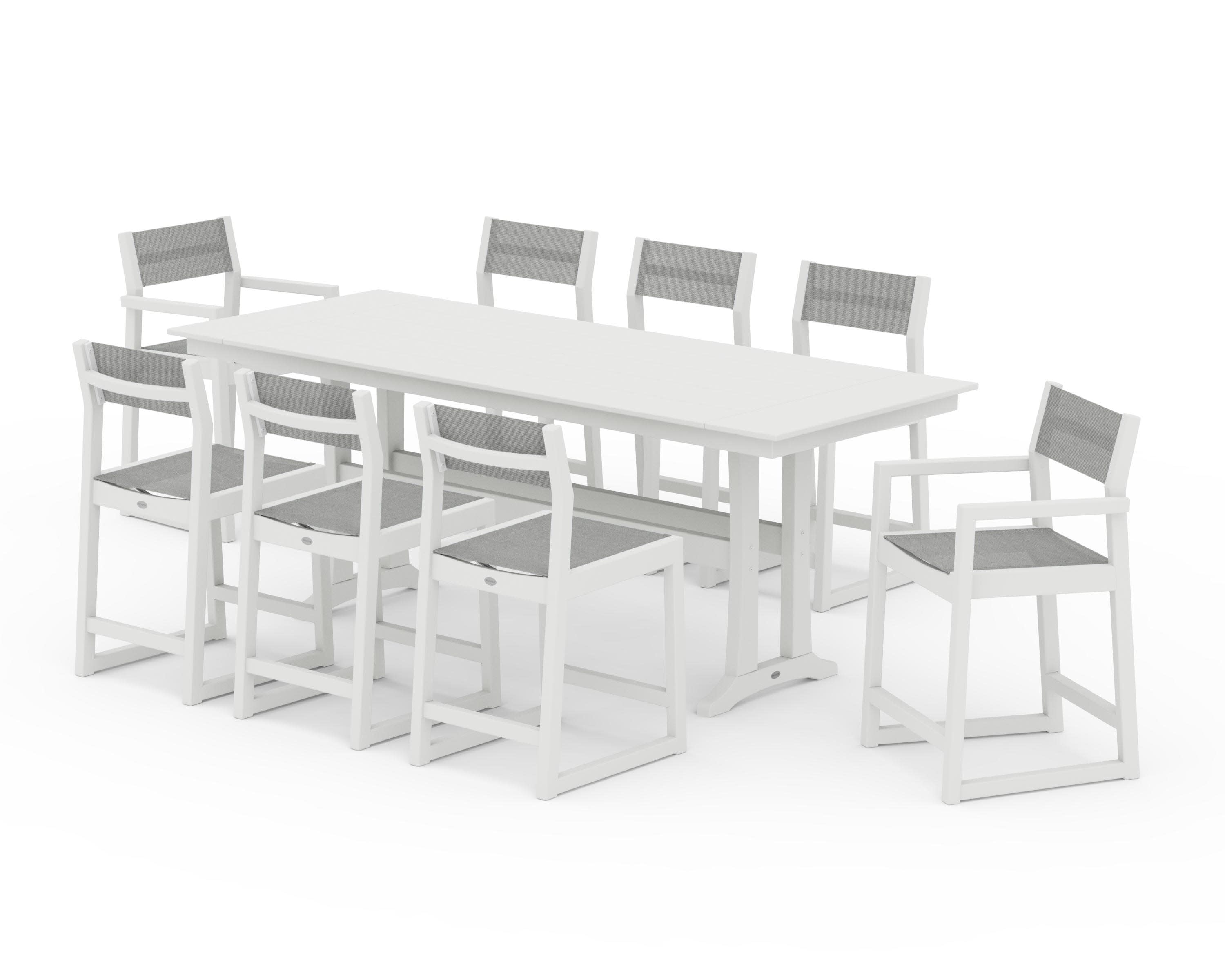 EDGE Sling 9-Piece Farmhouse Counter Set with Trestle Legs in Vintage White / Metallic Sling