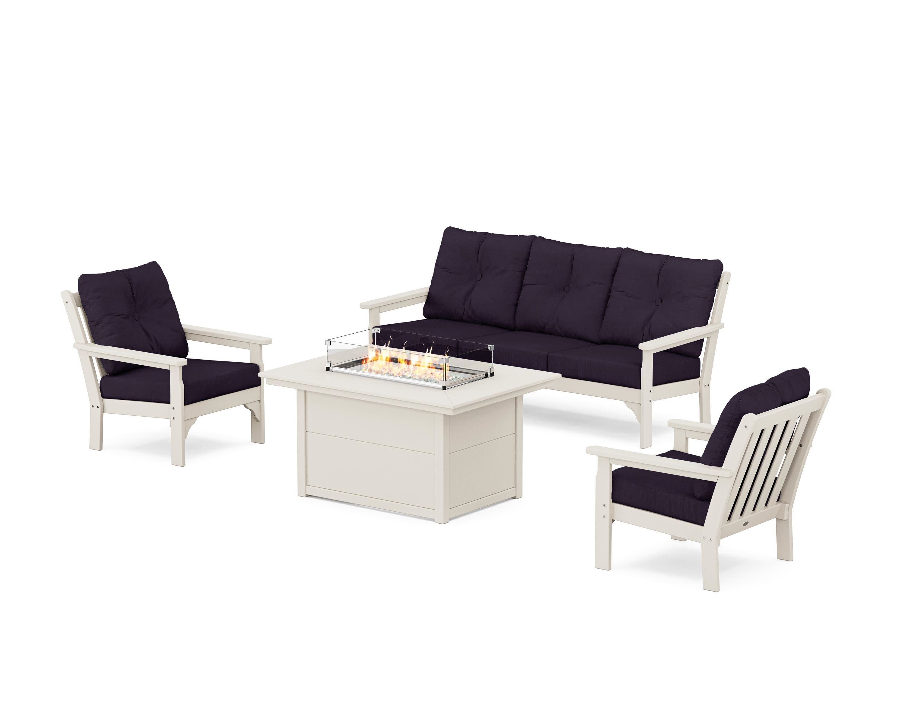 Vineyard Deep Seating Fire Pit Table Set in Sand / Navy Linen