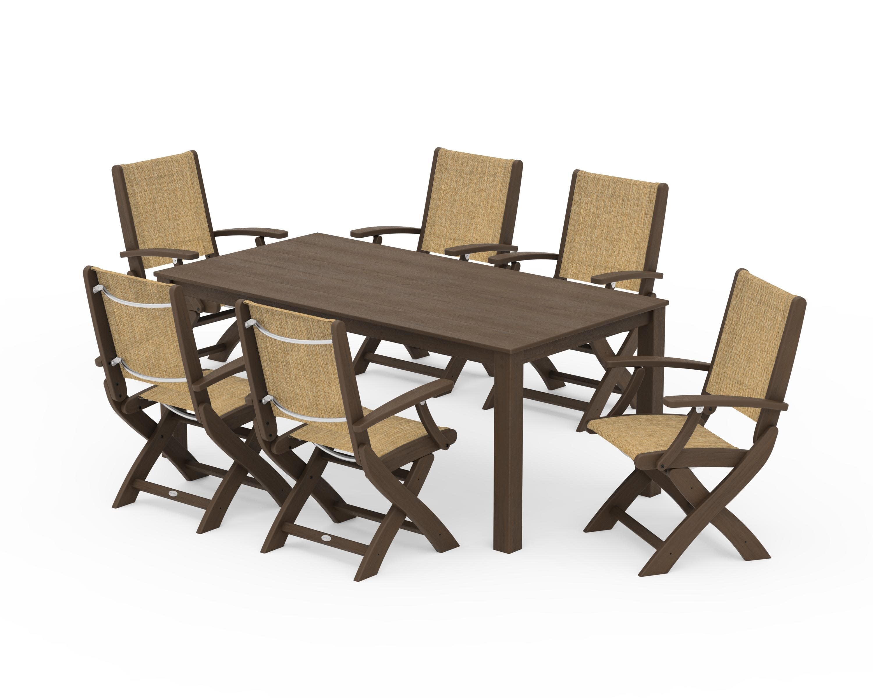 Coastal Folding Chair 7-Piece Parsons Dining Set in Kona / Burlap Sling