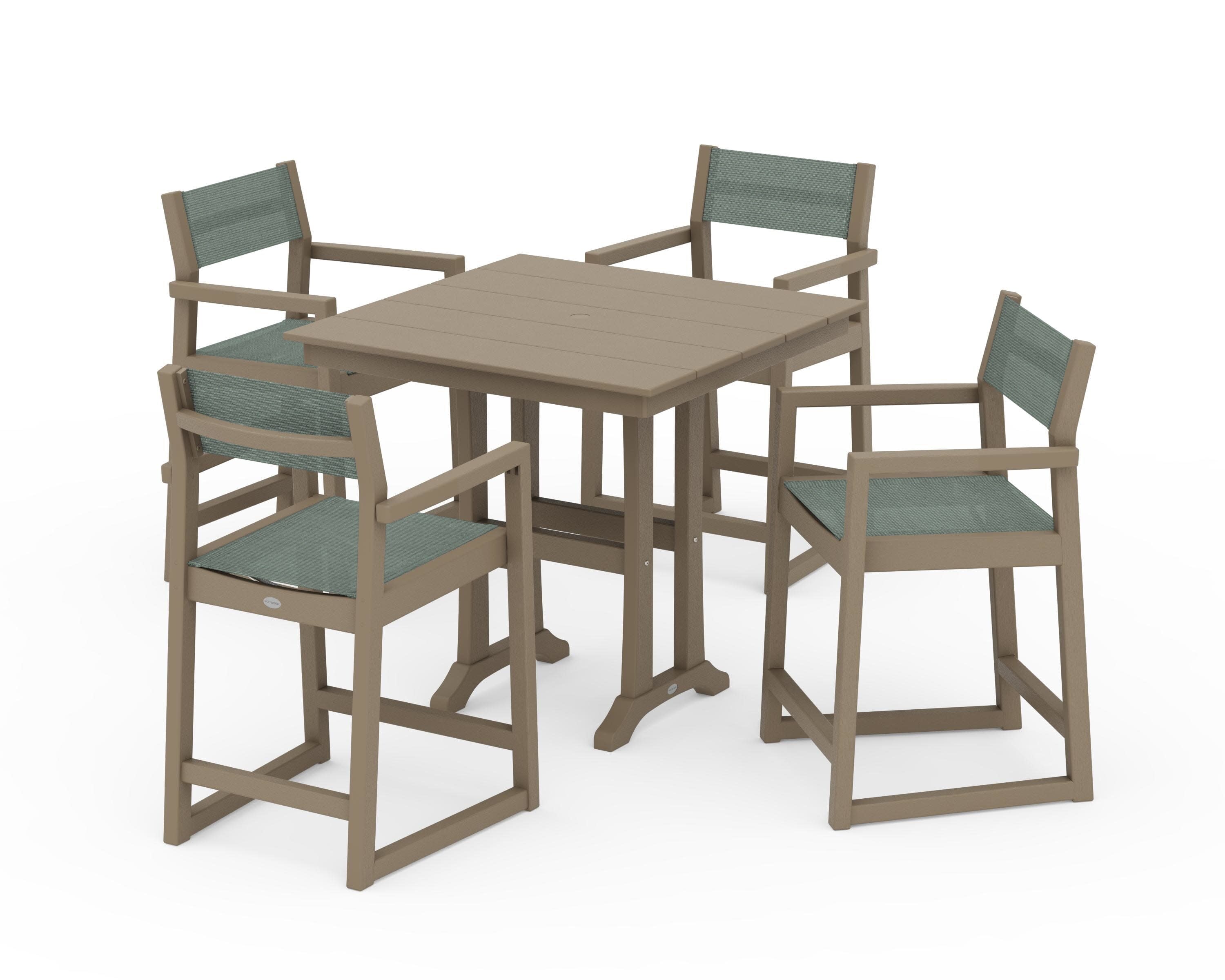 EDGE Sling Arm Chair 5-Piece Farmhouse Counter Set with Trestle Legs in Vintage Sahara / Dupioni Sea Mist Sling
