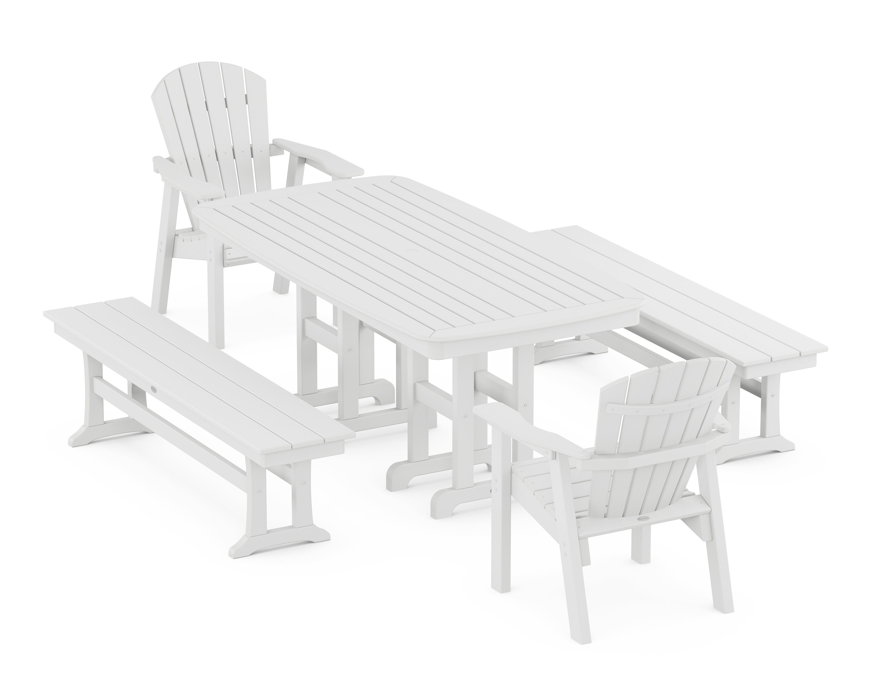Seashell 5-Piece Dining Set with Benches in White