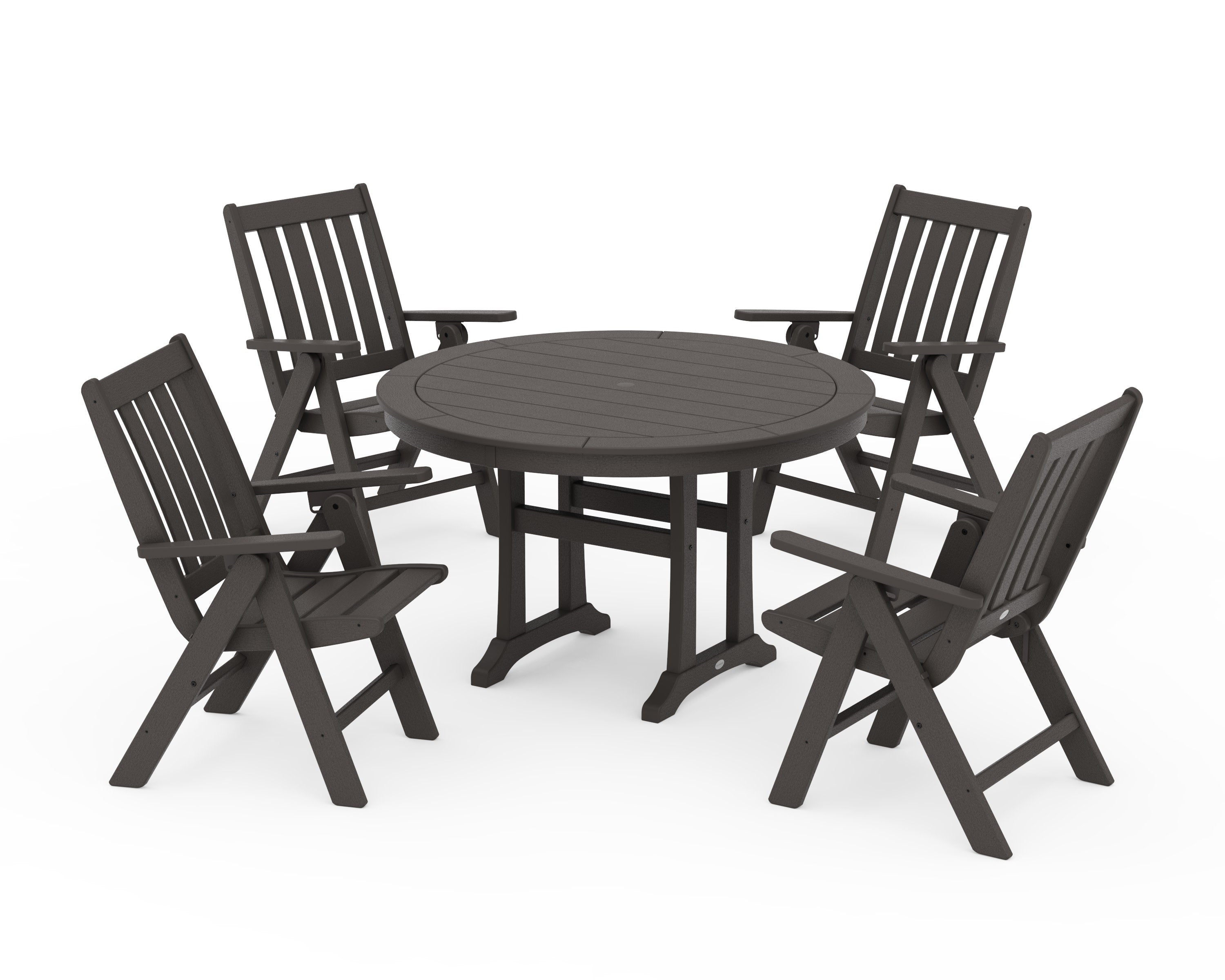 Vineyard Folding Chair 5-Piece Round Dining Set with Trestle Legs in Vintage Coffee