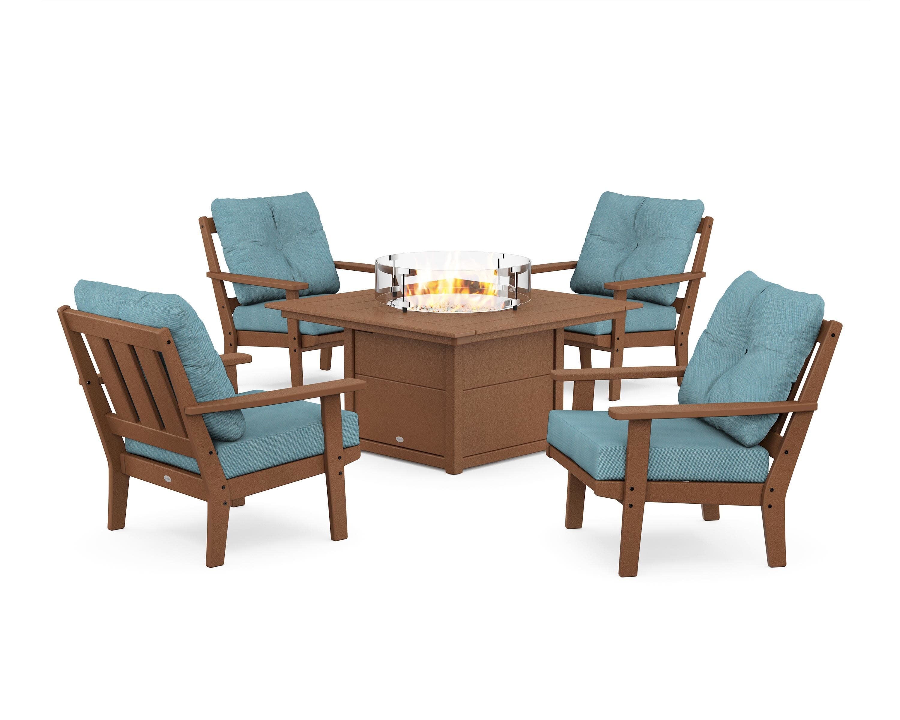 Oxford 5-Piece Deep Seating Set with Fire Pit Table in Teak / Lattice Sky Blue