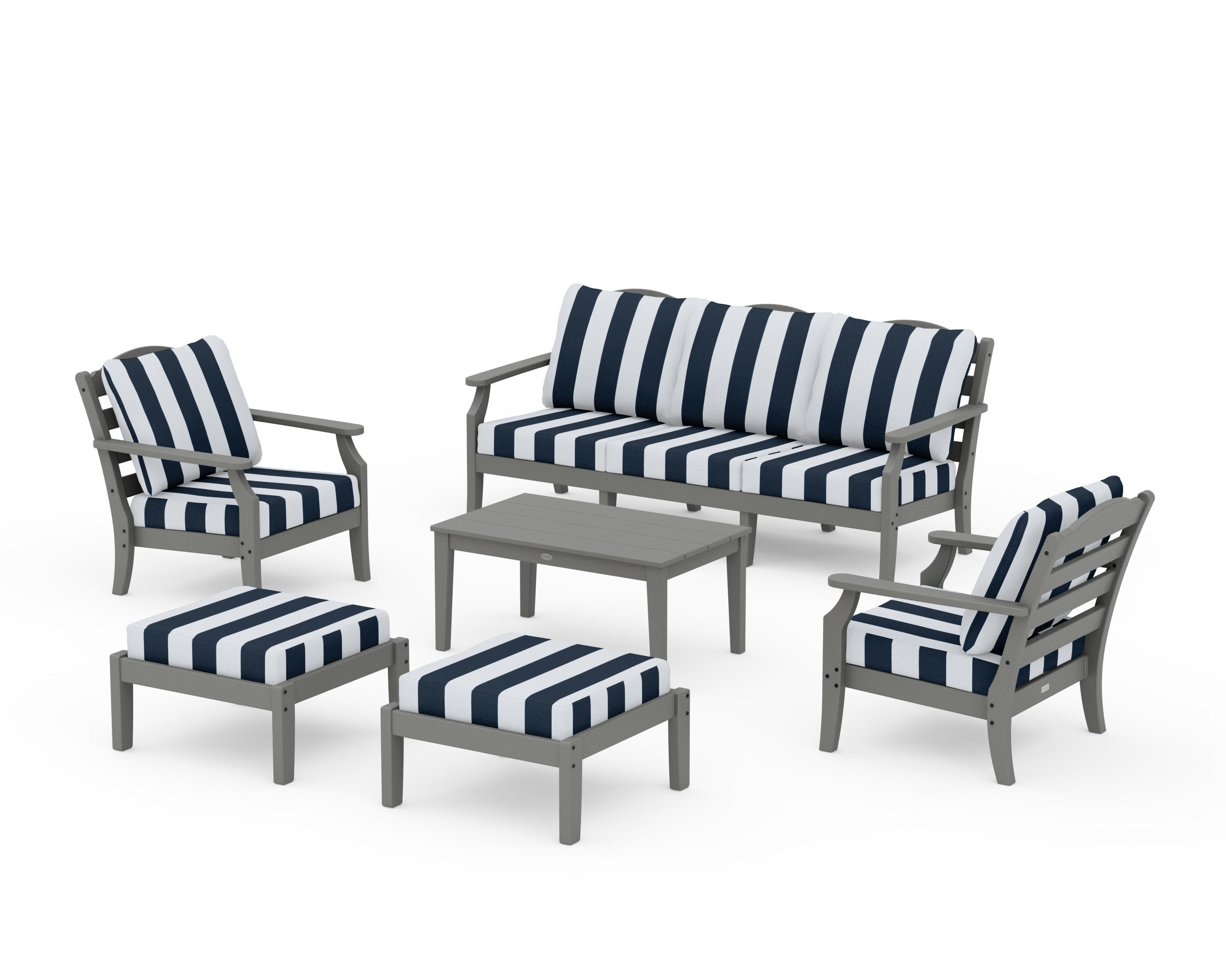 Savannah 6-Piece Lounge Sofa Set in Slate Grey / Cabana Stripe Marine Indigo