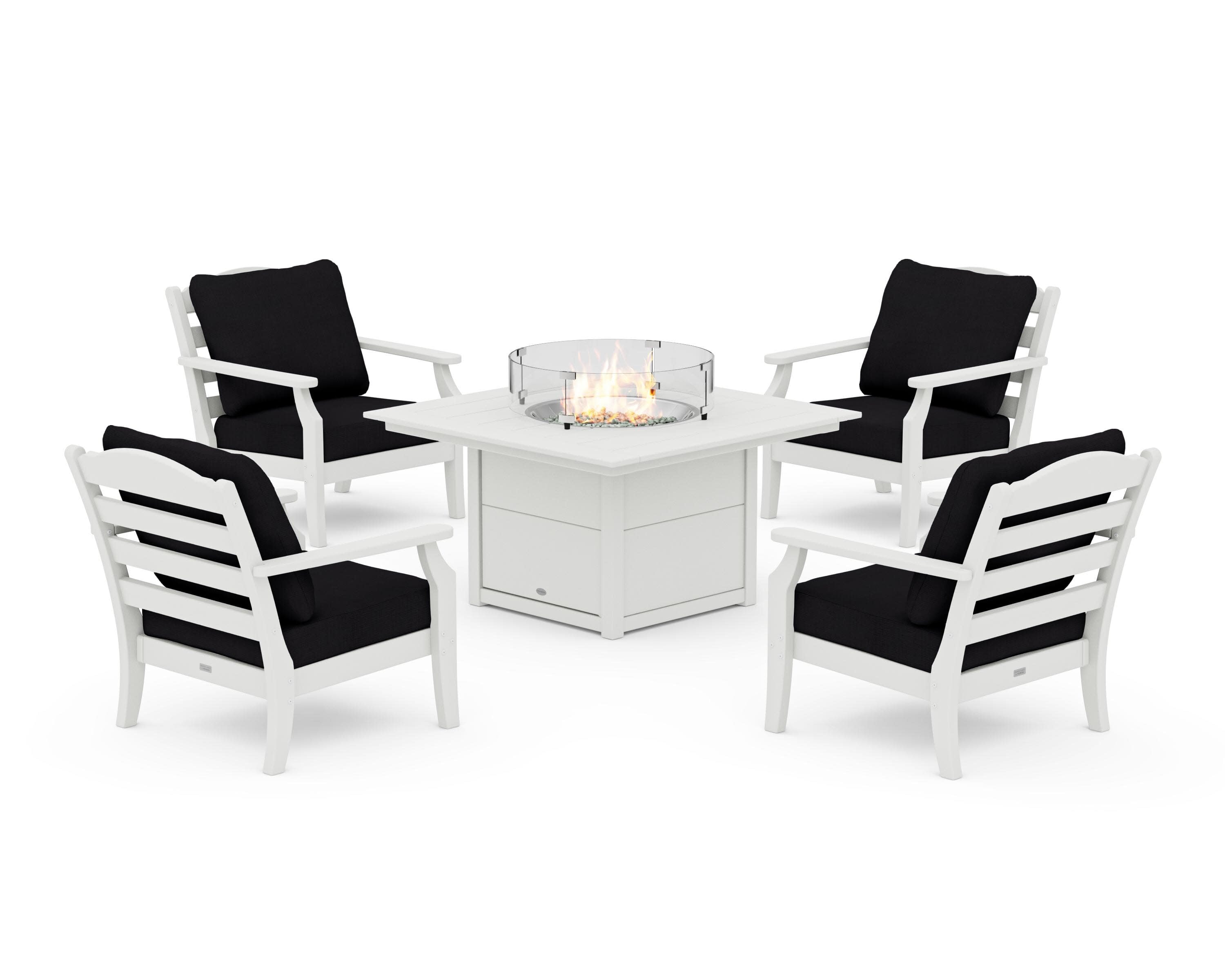 Savannah 5-Piece Deep Seating Set with Fire Pit Table in Vintage White / Midnight Linen