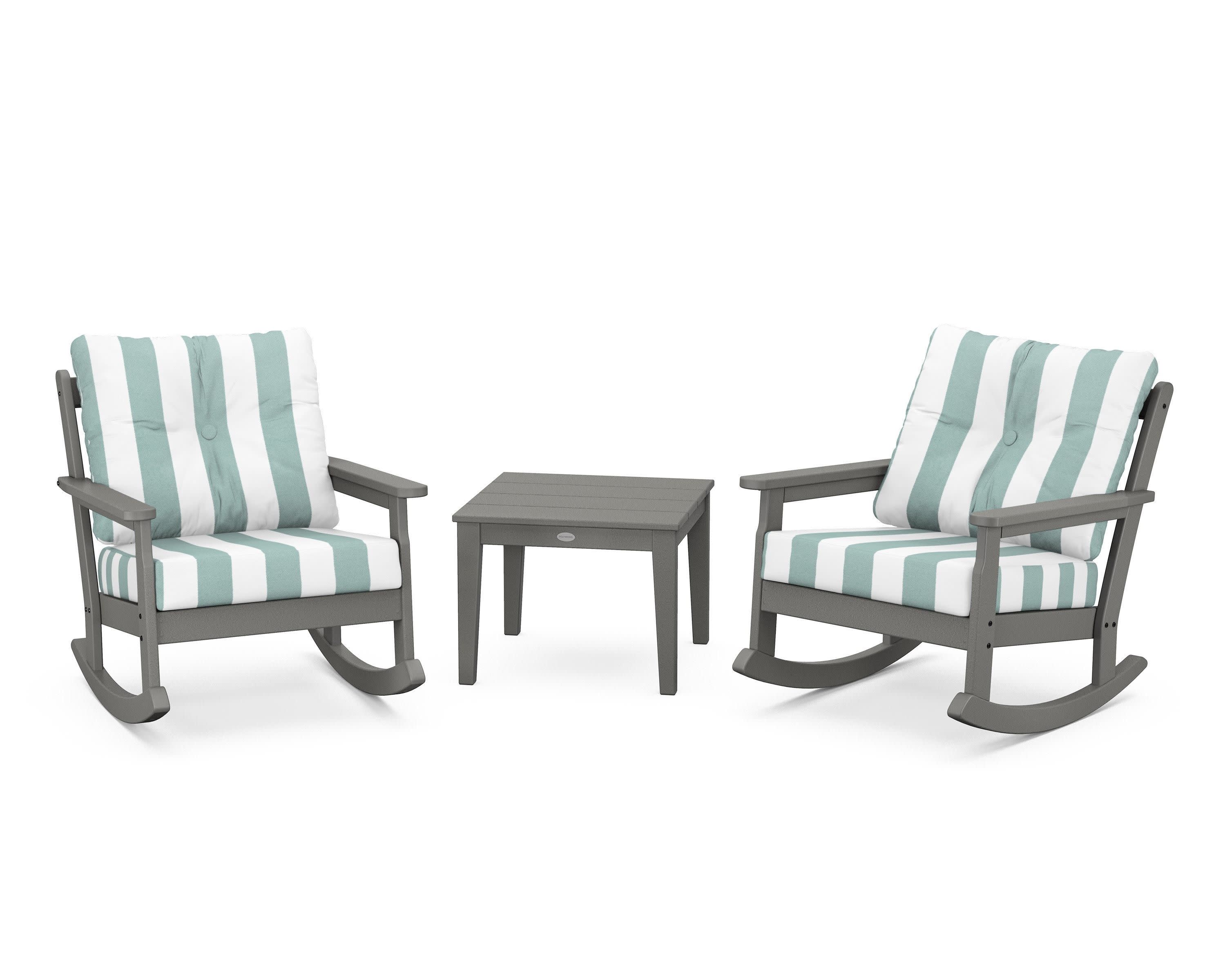 Vineyard 3-Piece Deep Seating Rocker Set in Slate Grey / Cabana Stripe Glacier Spa