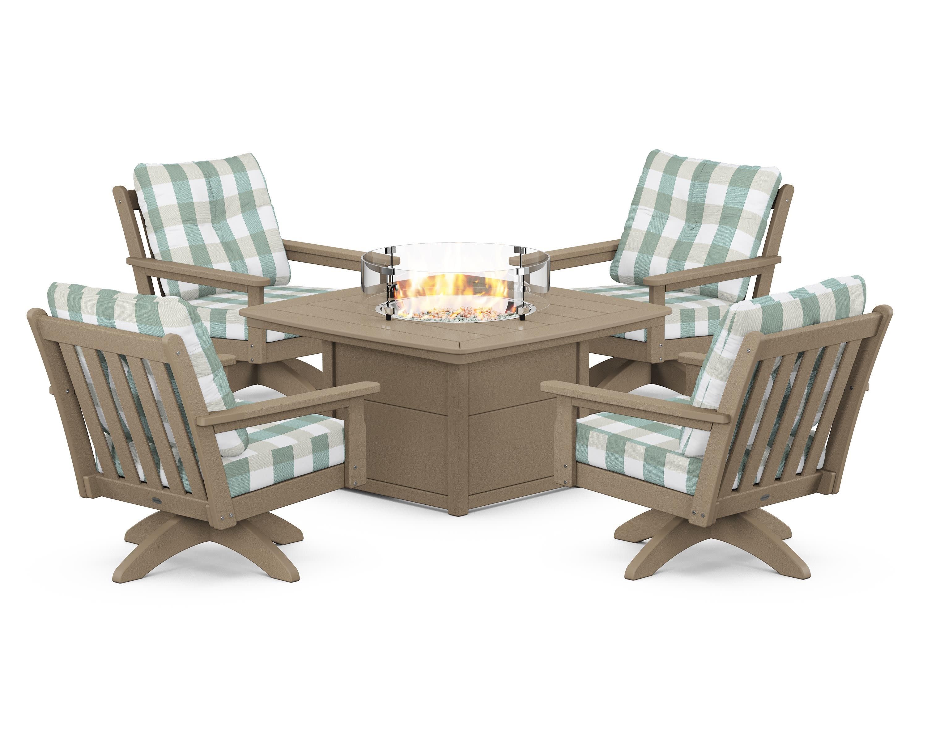 Vineyard 5-Piece Deep Seating Swivel Conversation Set with Fire Pit Table in Vintage Sahara / Buffalo Plaid Glacier Spa