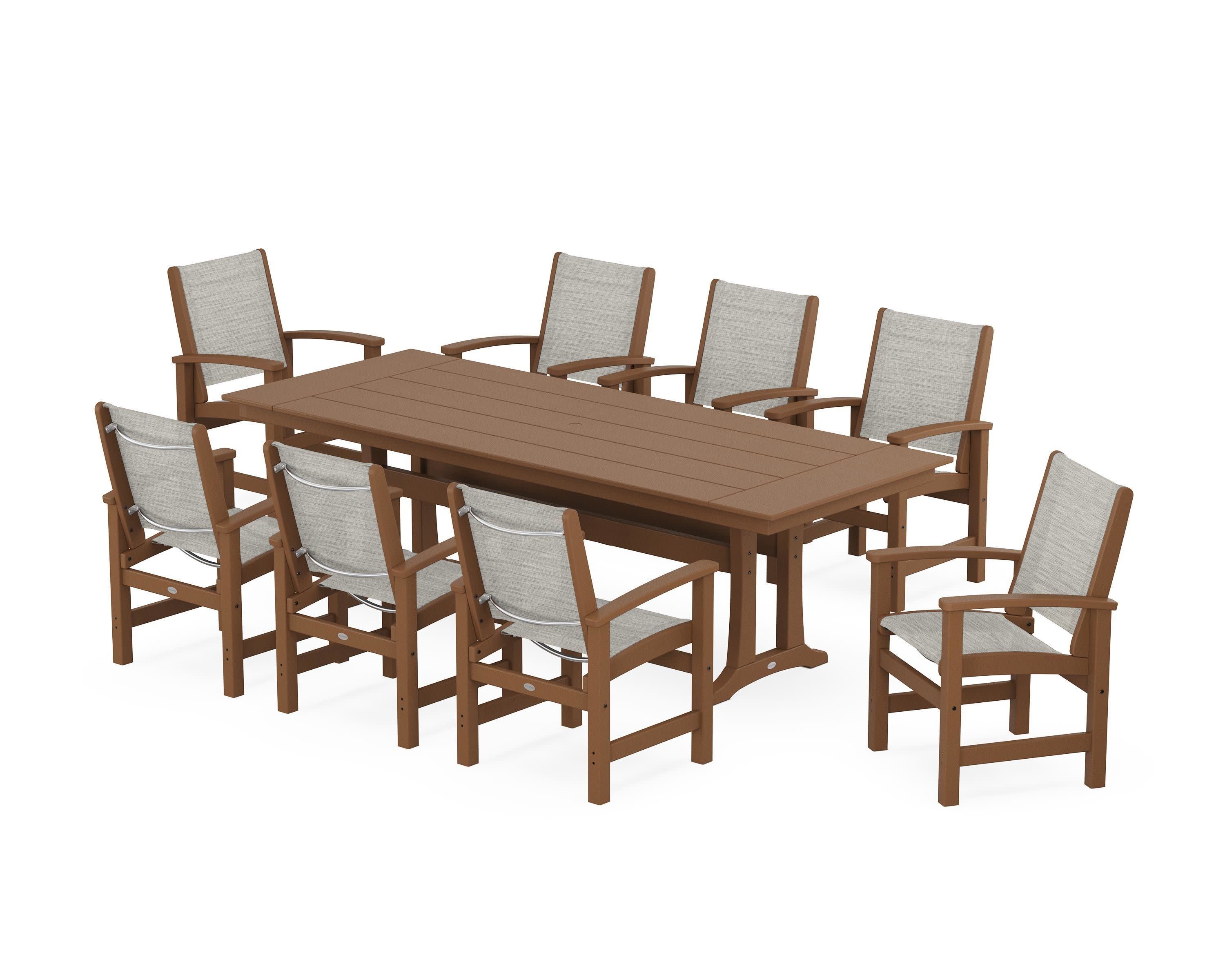 Coastal 9-Piece Farmhouse Dining Set with Trestle Legs in Teak / Birch Sling