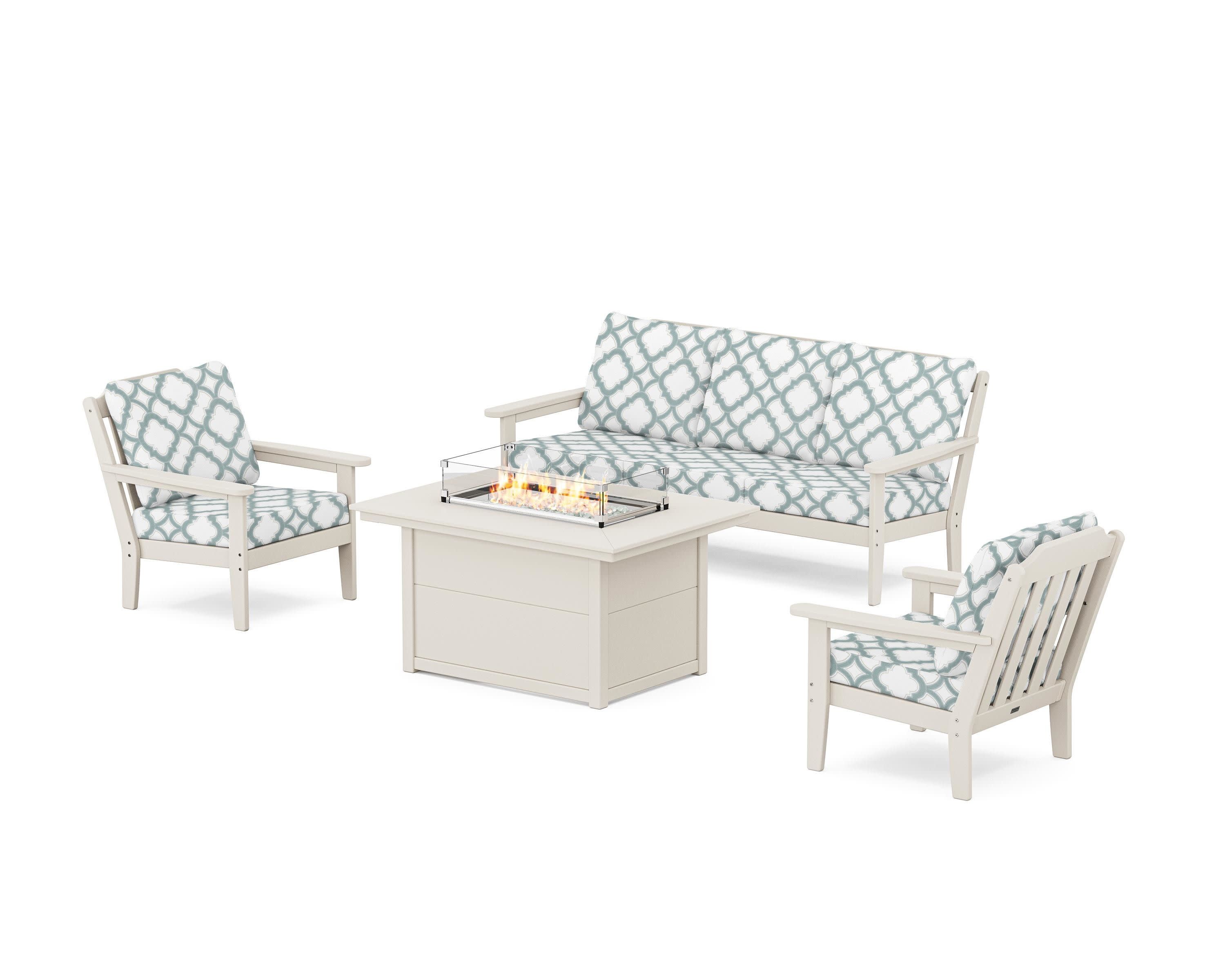 Cottage Deep Seating Fire Pit Table Set in Sand / Trellis Glacier Spa