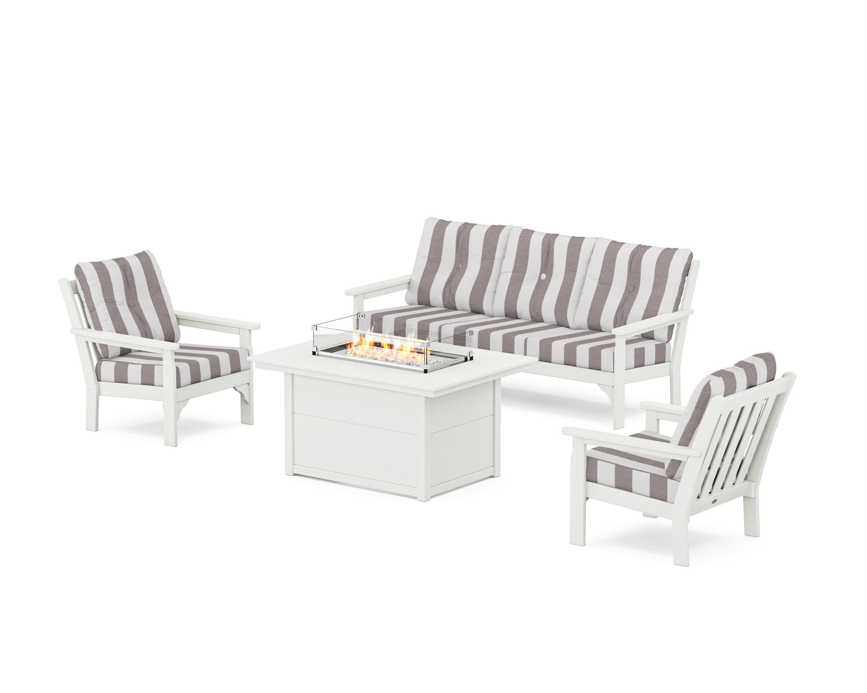 Vineyard Deep Seating Fire Pit Table Set in Vintage White / Cabana Stripe Grey Mist
