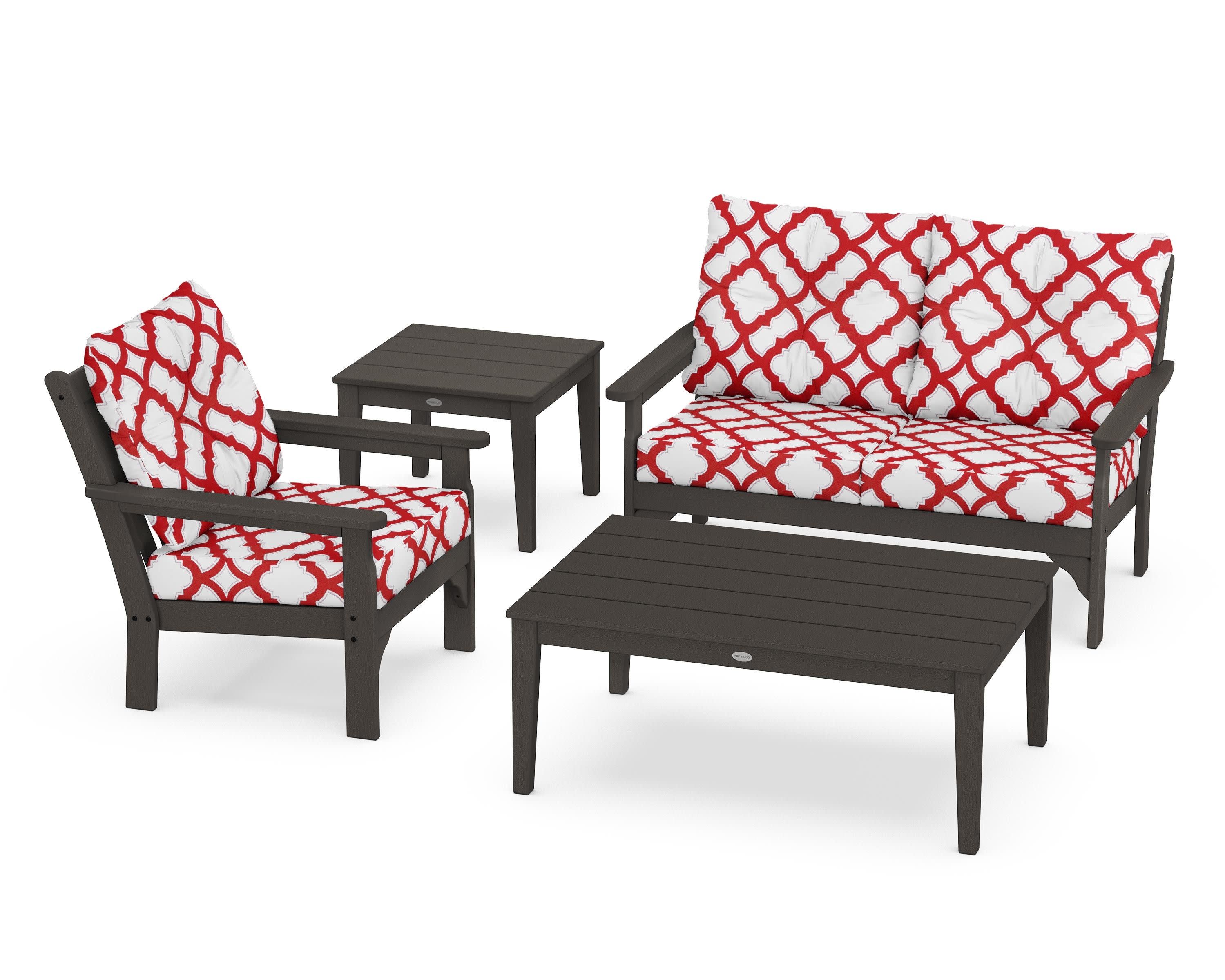 Vineyard 4-Piece Deep Seating Set in Vintage Coffee / Trellis Crimson
