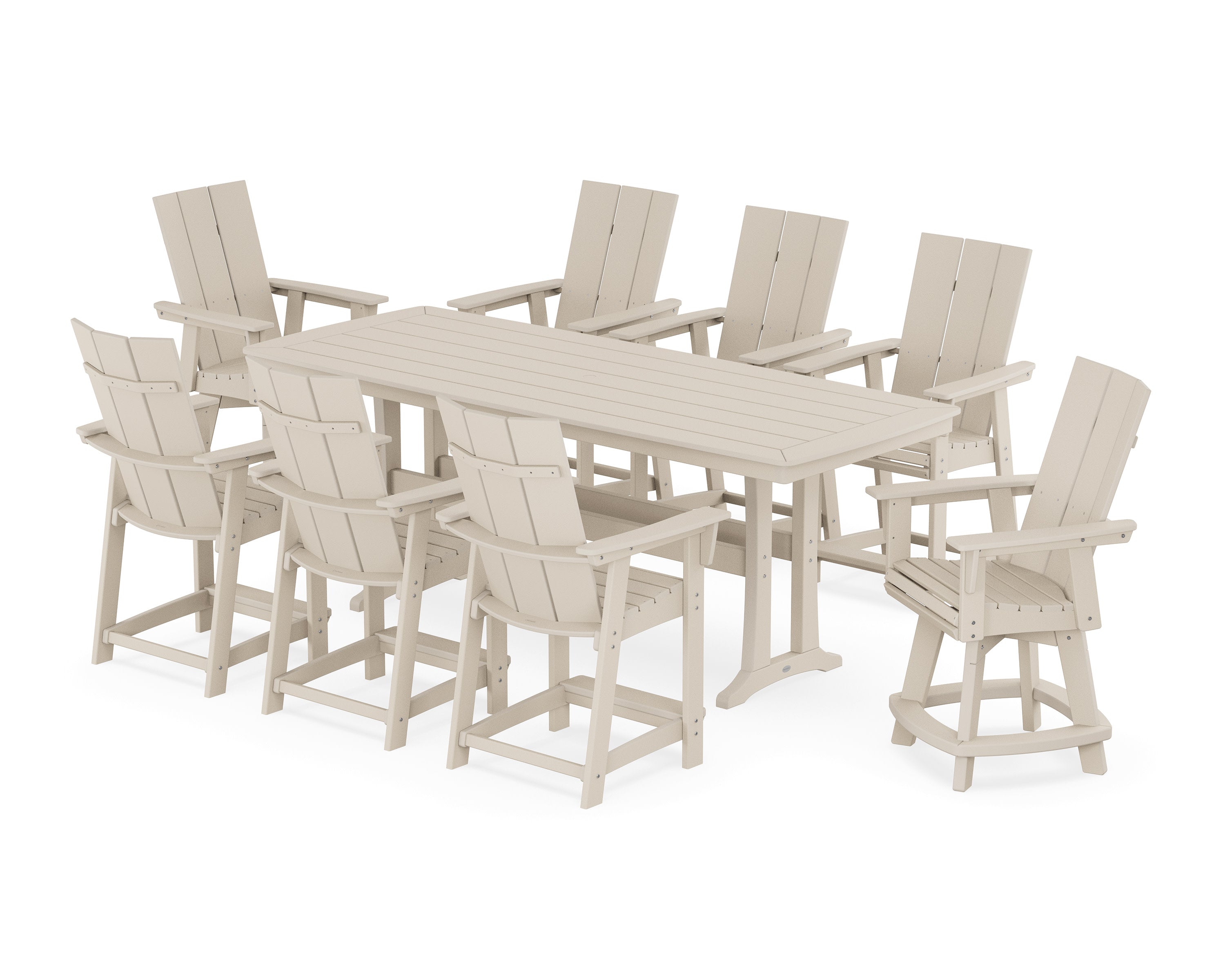 Modern Curveback Adirondack Swivel 9-Piece Counter Set with Trestle Legs in Sand