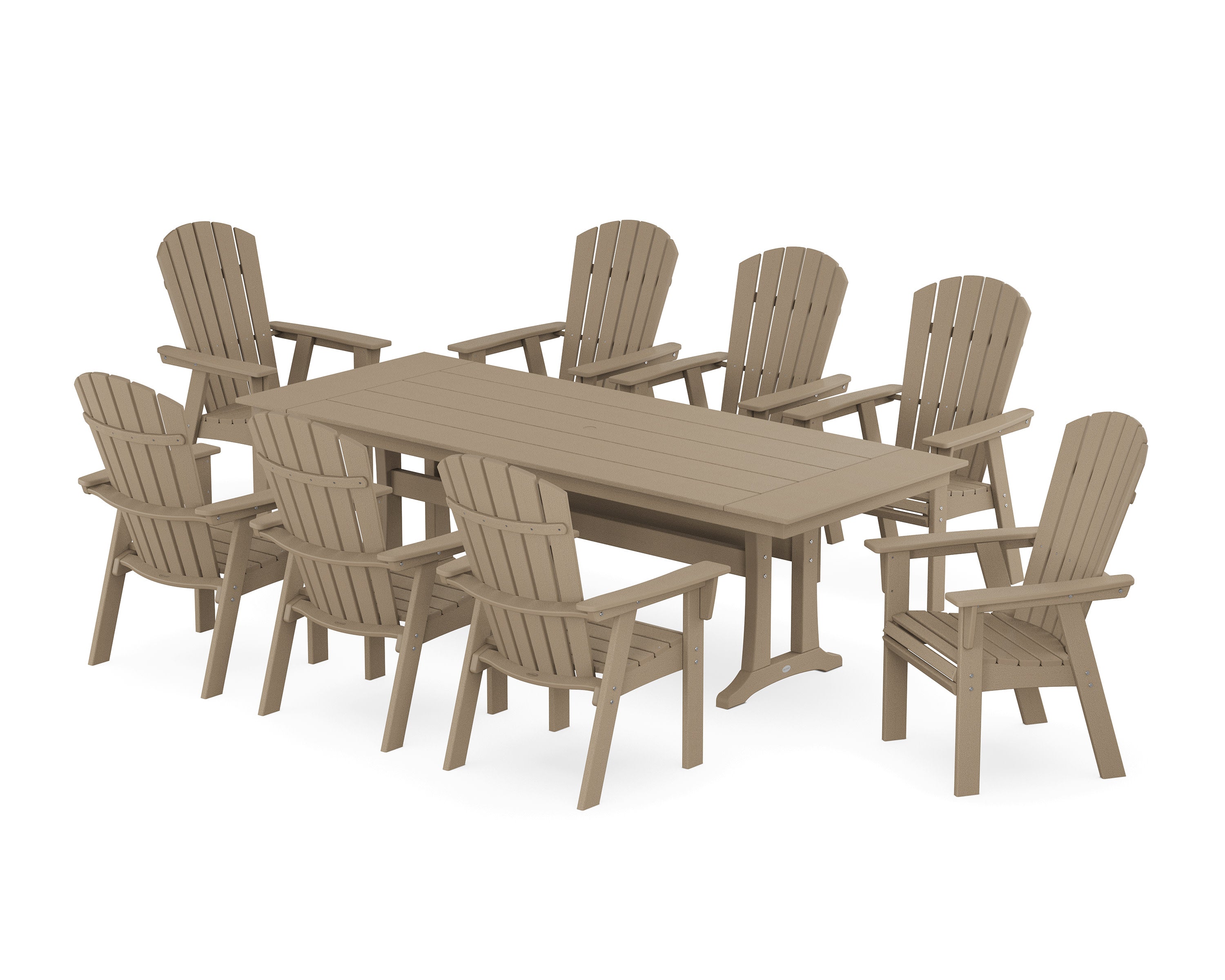 Nautical 9-Piece Curveback Adirondack Farmhouse Dining Set with Trestle Legs in Vintage Sahara