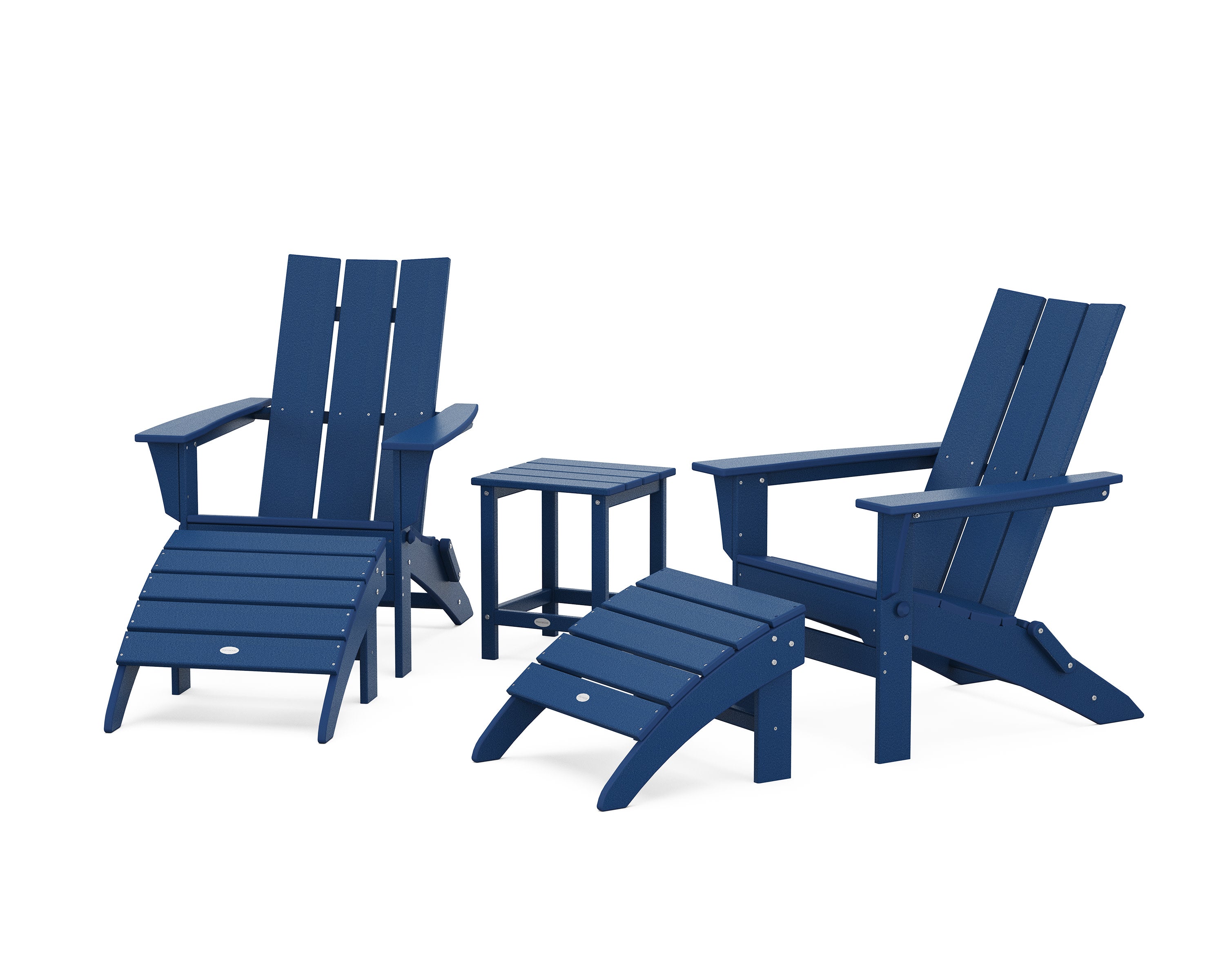 Modern Folding Adirondack Chair 5-Piece Set with Ottomans and 18" Side Table in Navy