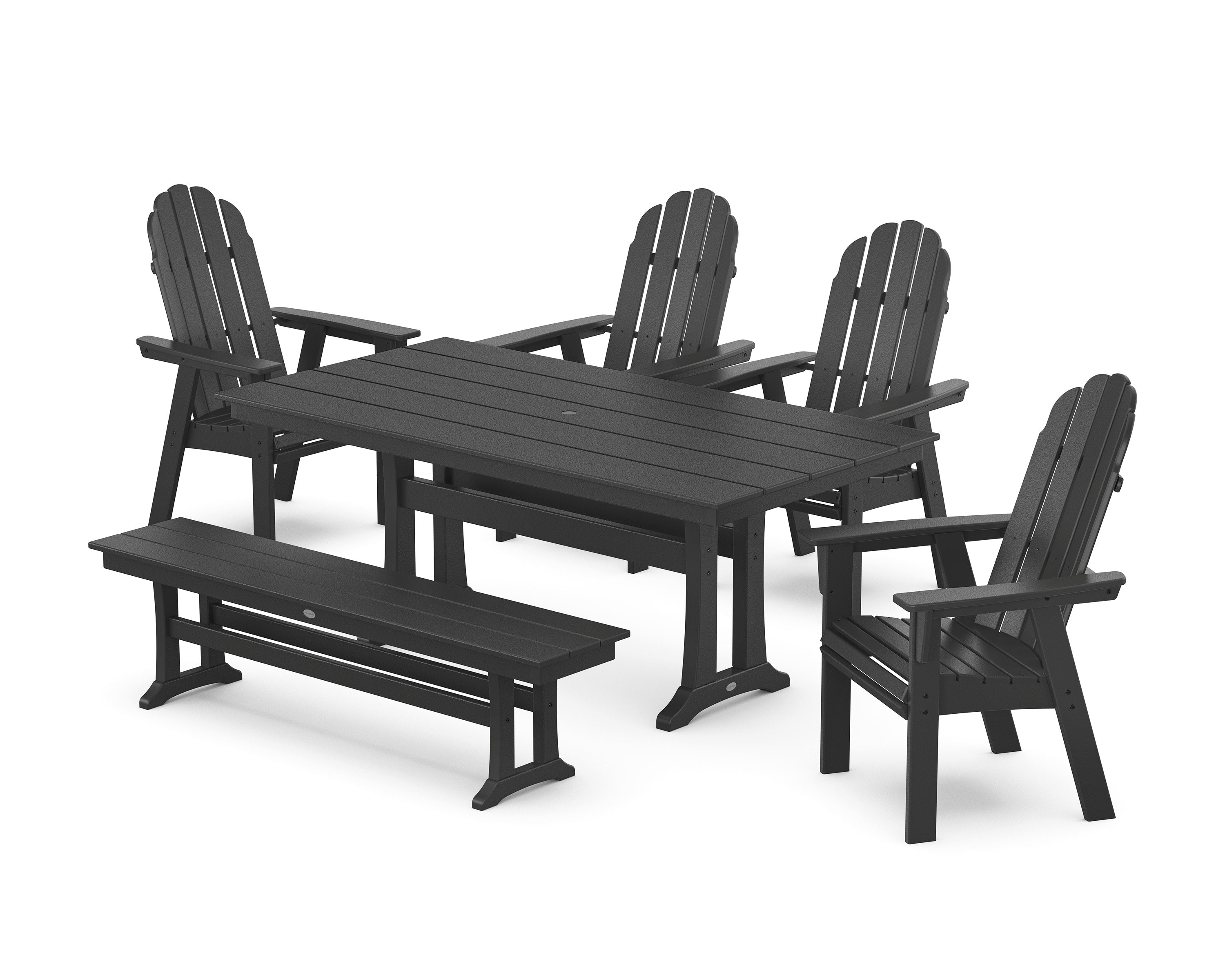 Vineyard Curveback Adirondack Chair 6-Piece Farmhouse Dining Set with Trestle Legs and Bench in Black