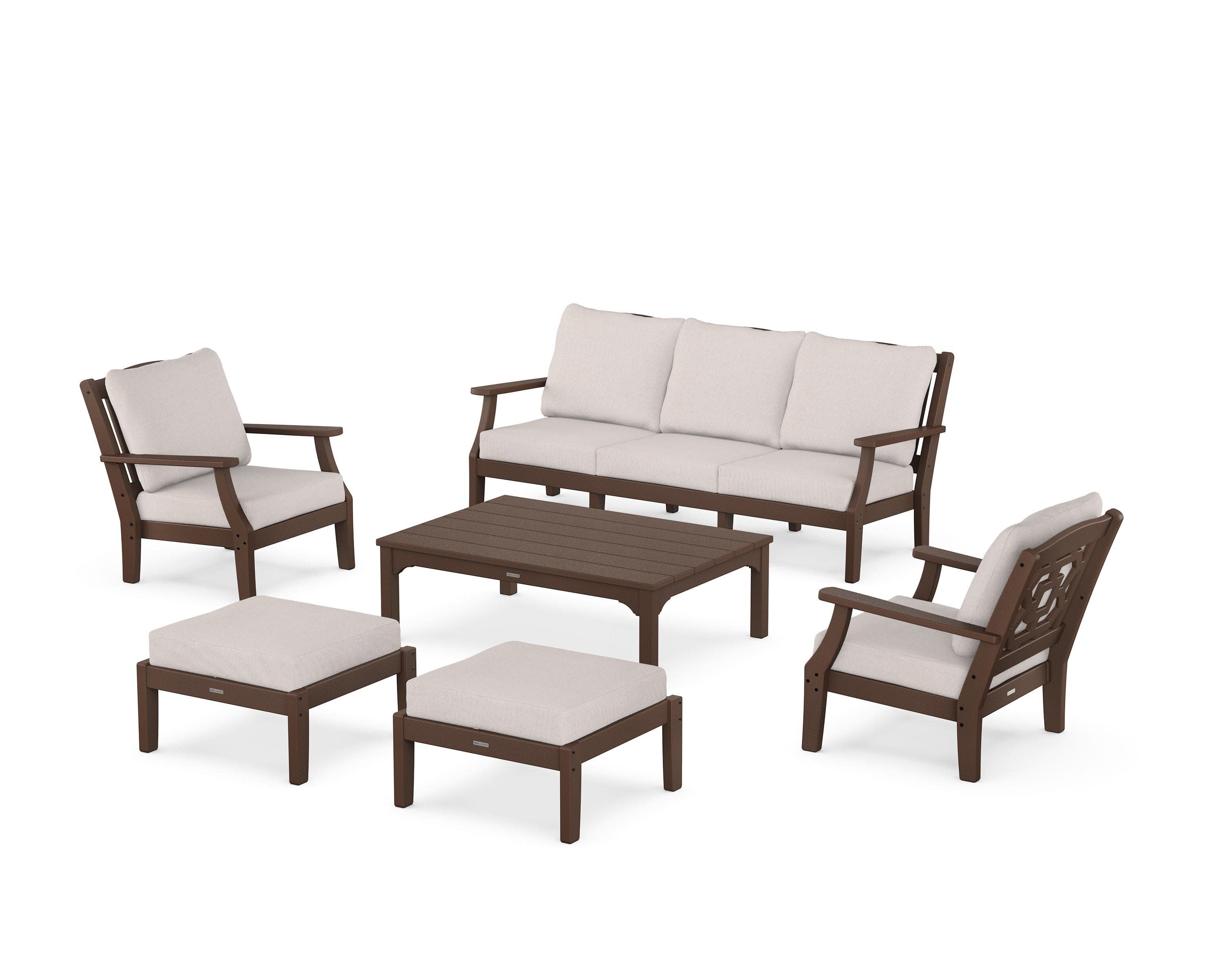 Chinoiserie 6-Piece Lounge Sofa Set in Mahogany / Dune Burlap