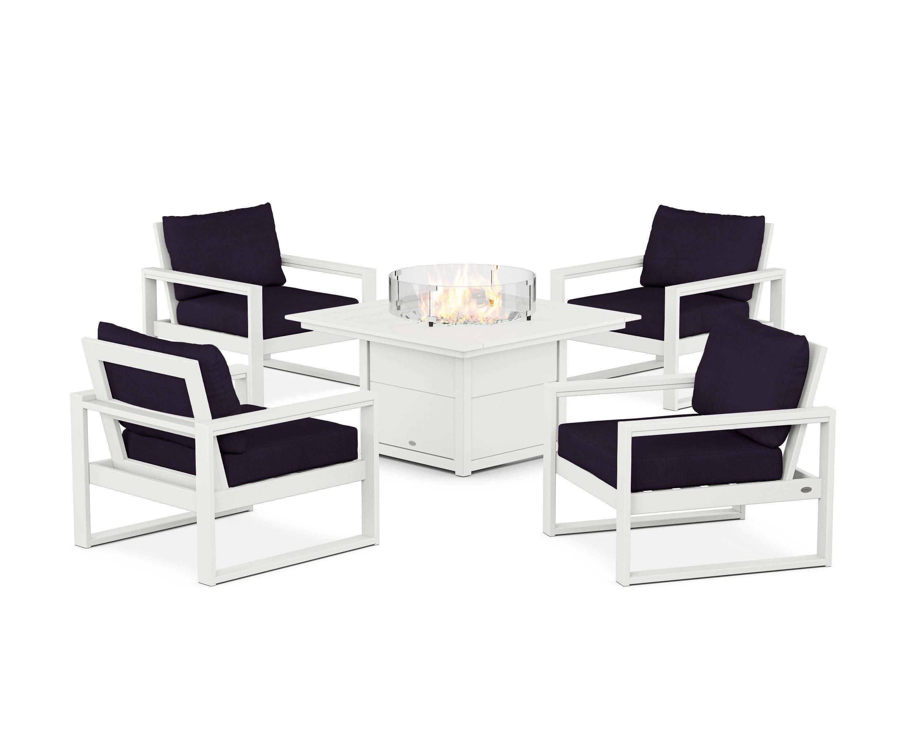 EDGE Sectional 5-Piece Deep Seating Set with Fire Pit Table in White / Navy Linen