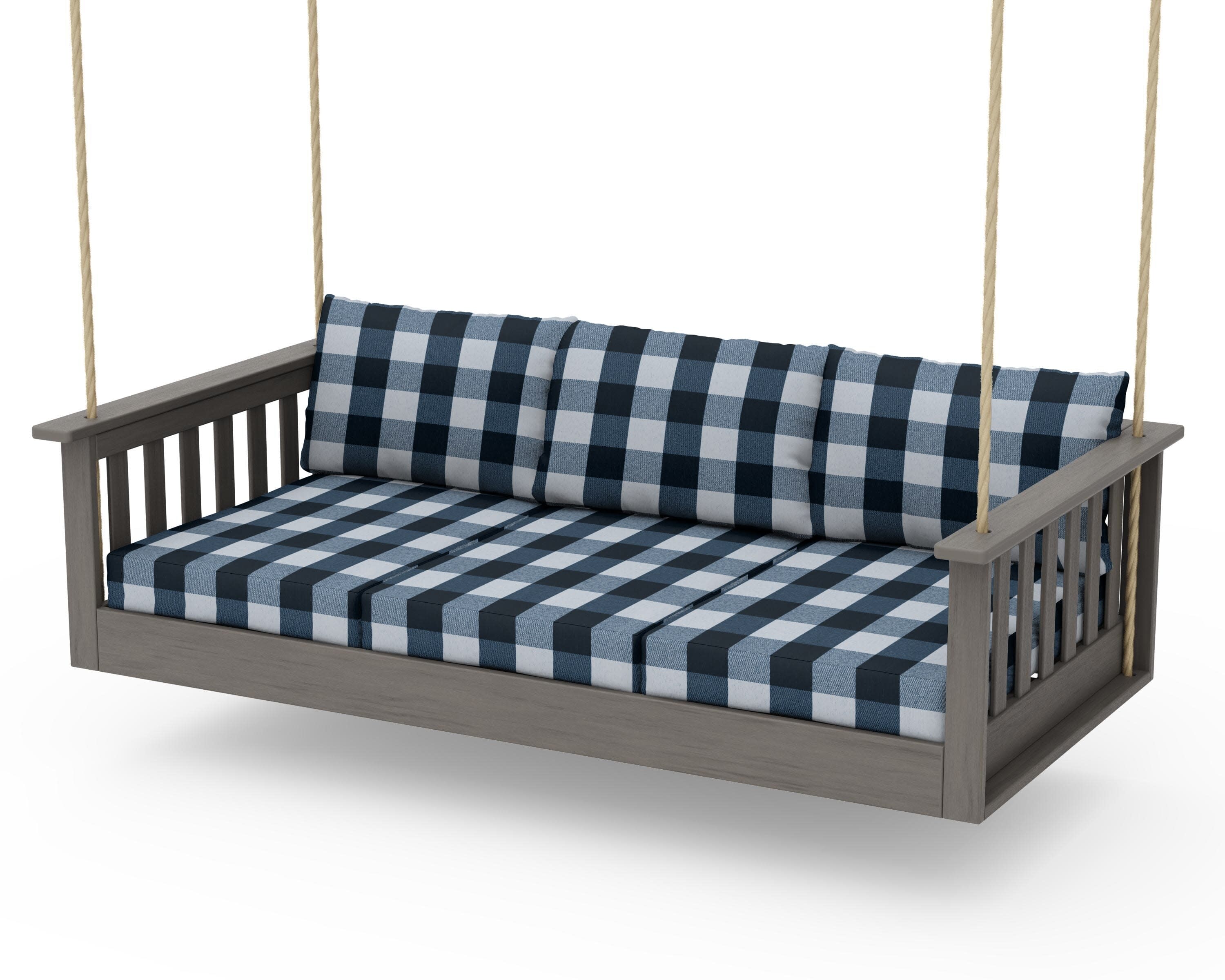 Vineyard Daybed Swing in Driftwood / Buffalo Plaid Marine Indigo