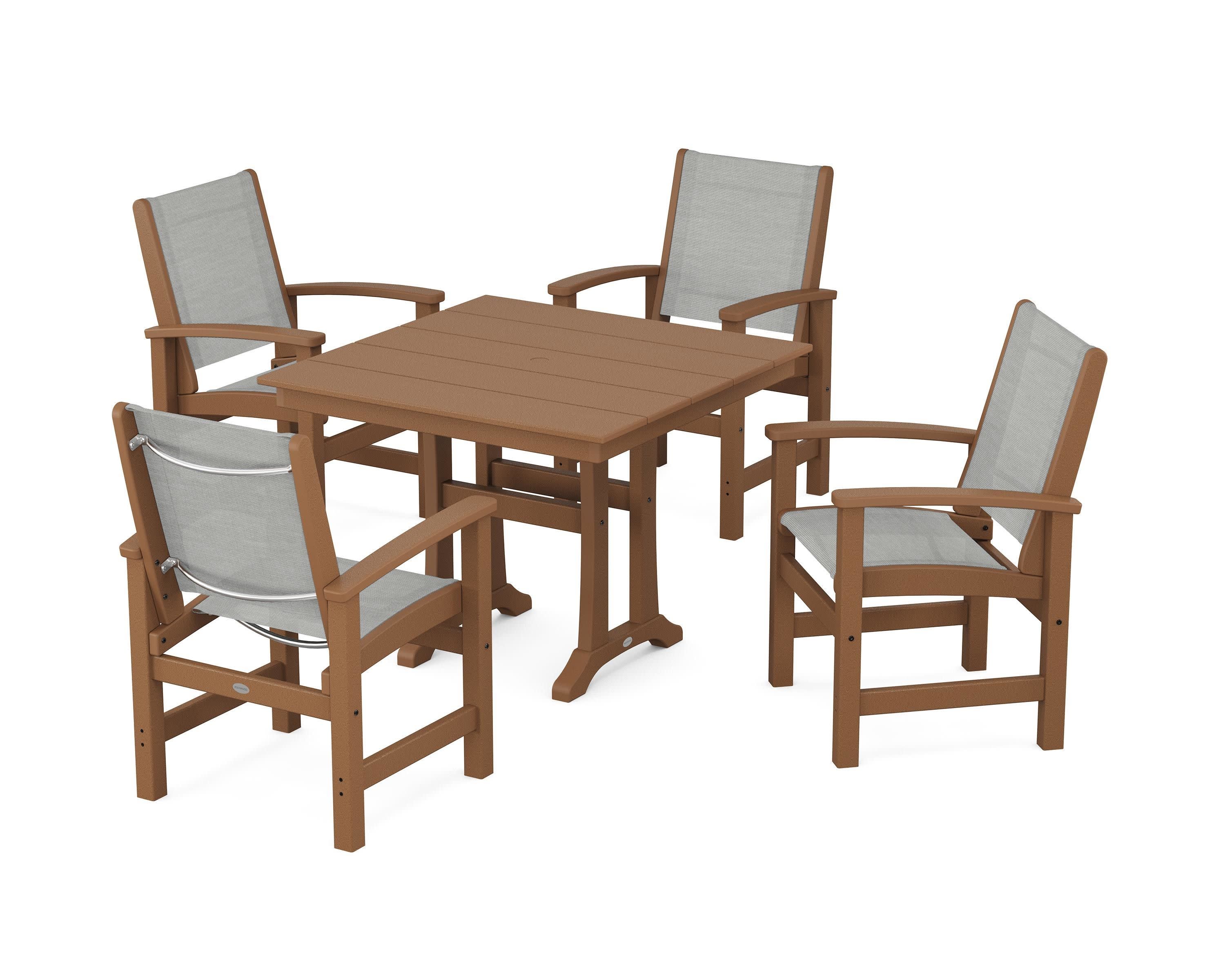 Coastal 5-Piece Farmhouse Dining Set With Trestle Legs in Teak / Metallic Sling