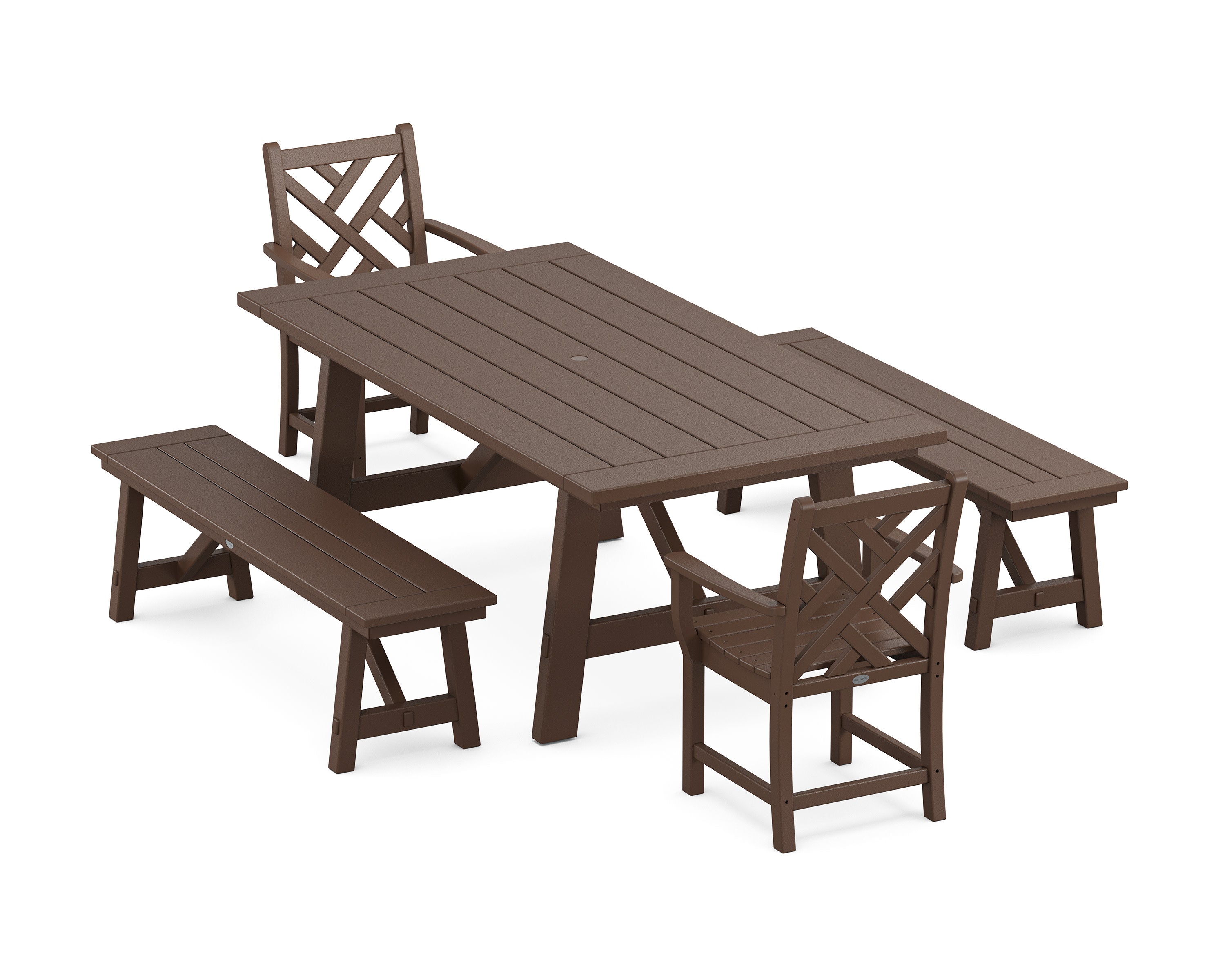 Chippendale 5-Piece Rustic Farmhouse Dining Set With Benches in Mahogany