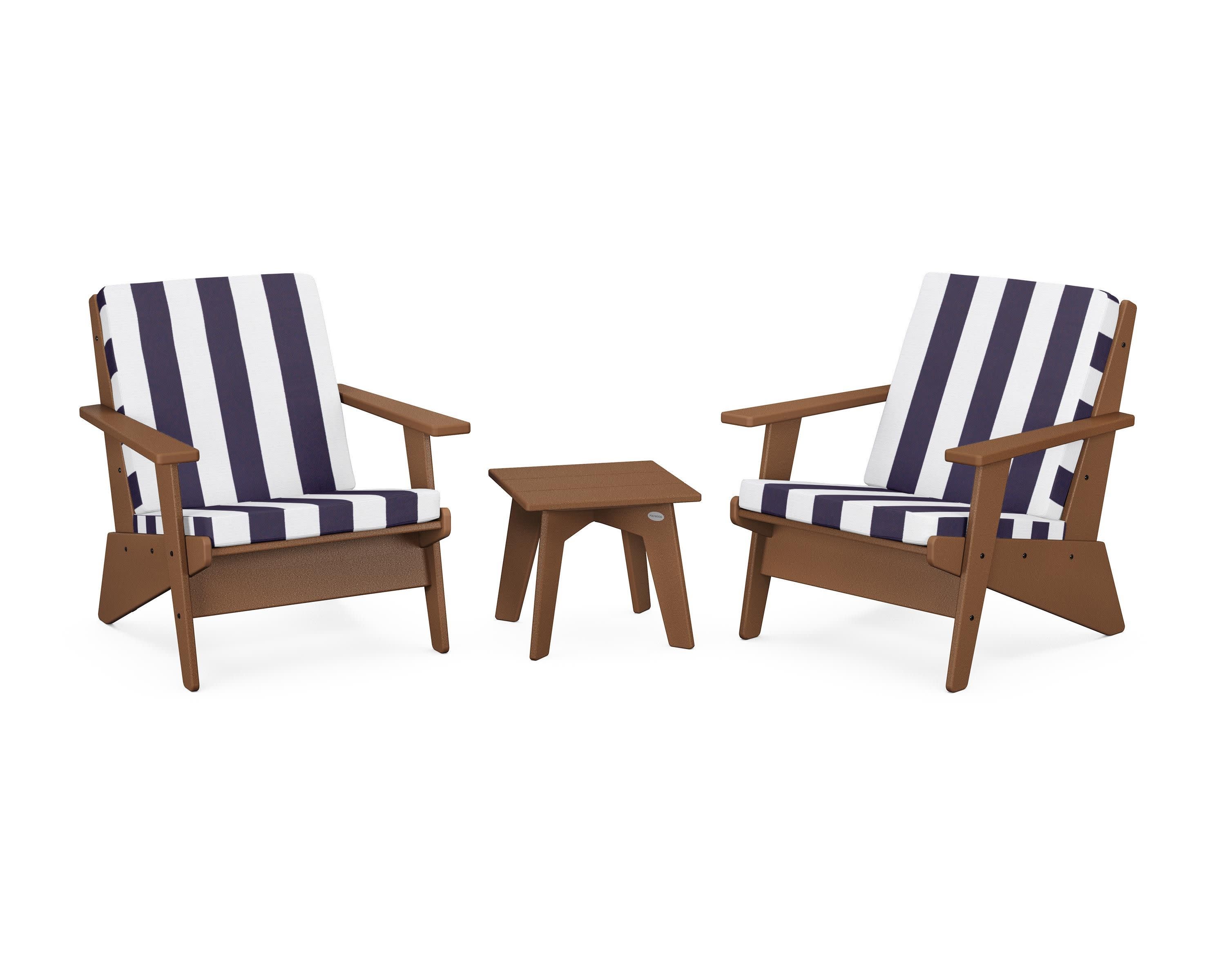 Riviera Modern Lounge 3-Piece Set in Teak / Cabana Stripe Navy