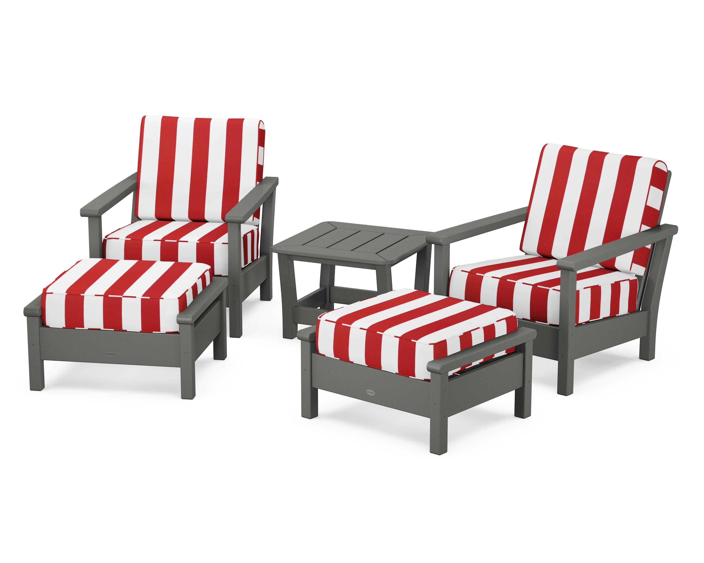 Harbour 5-Piece Deep Seating Chair Set in Slate Grey / Cabana Stripe Crimson