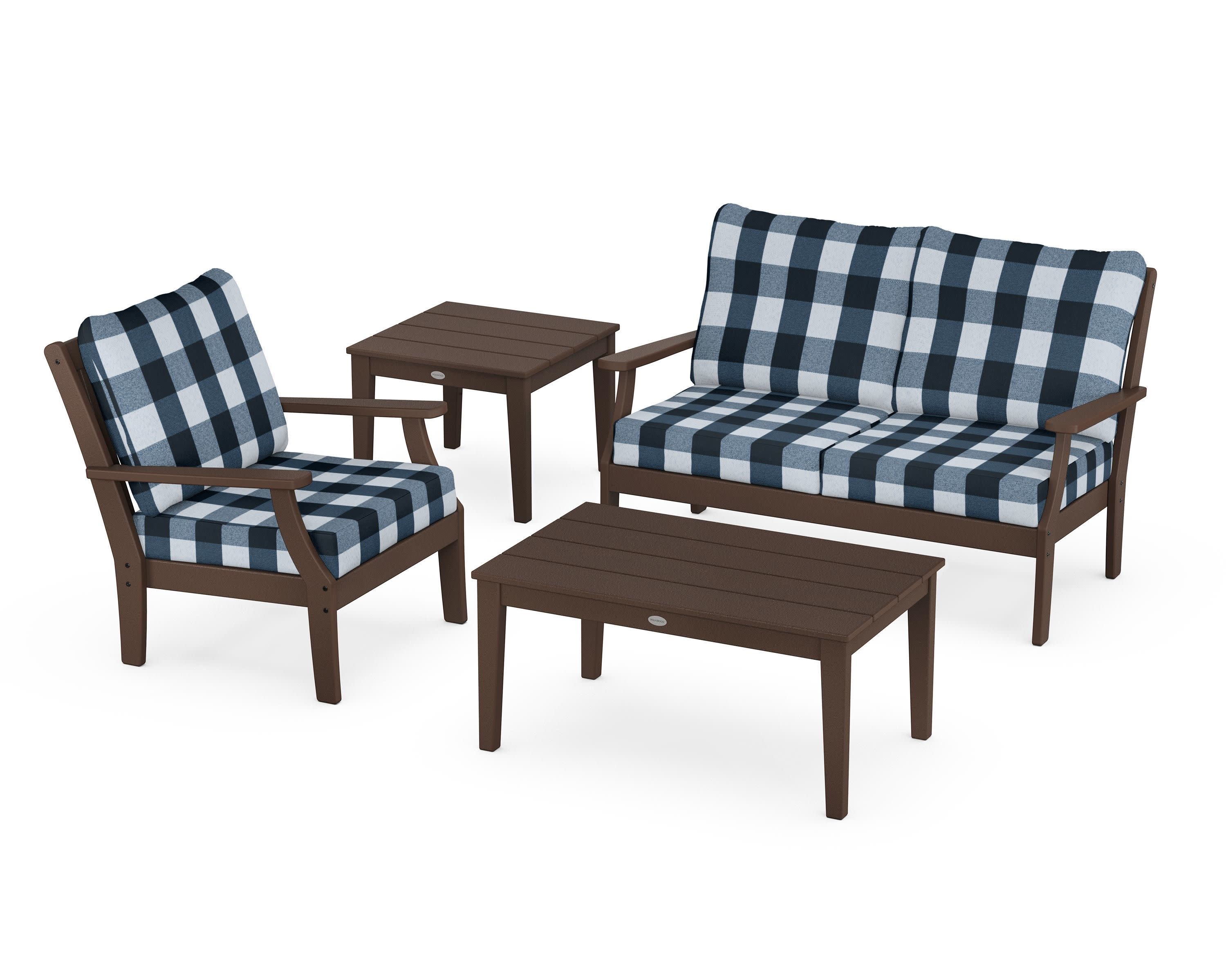 Braxton 4-Piece Deep Seating Set in Mahogany / Buffalo Plaid Marine Indigo